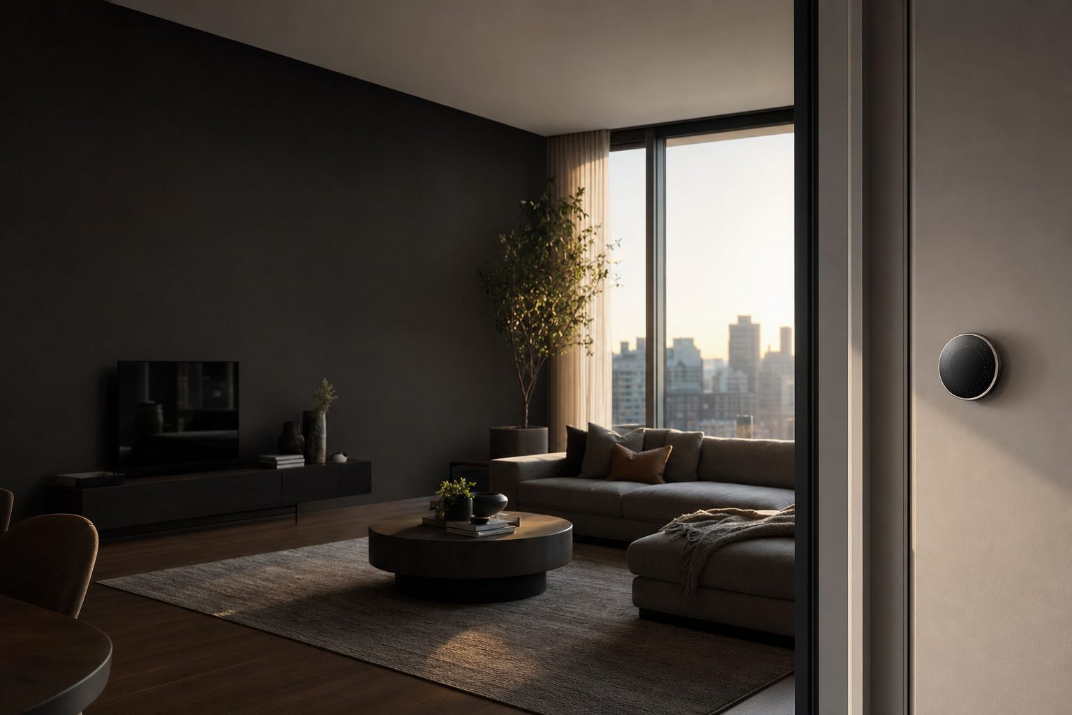 A smart thermostat in a modern high-rise condo living room