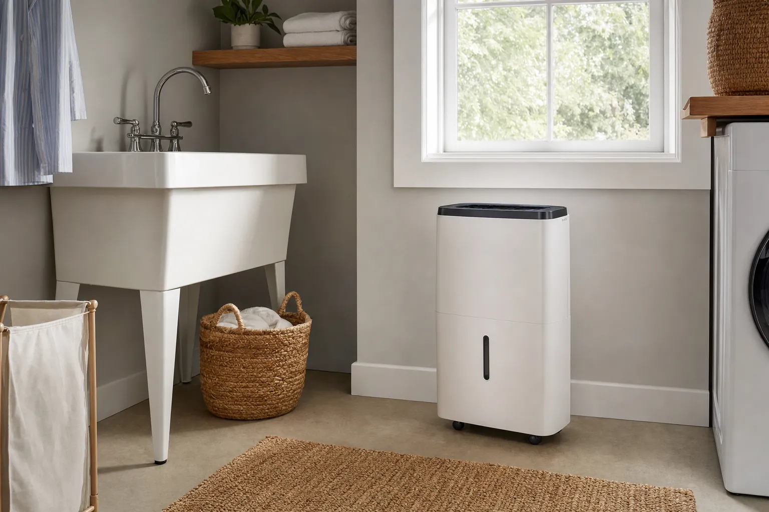 A tidy laundry room with equipment for managing moisture