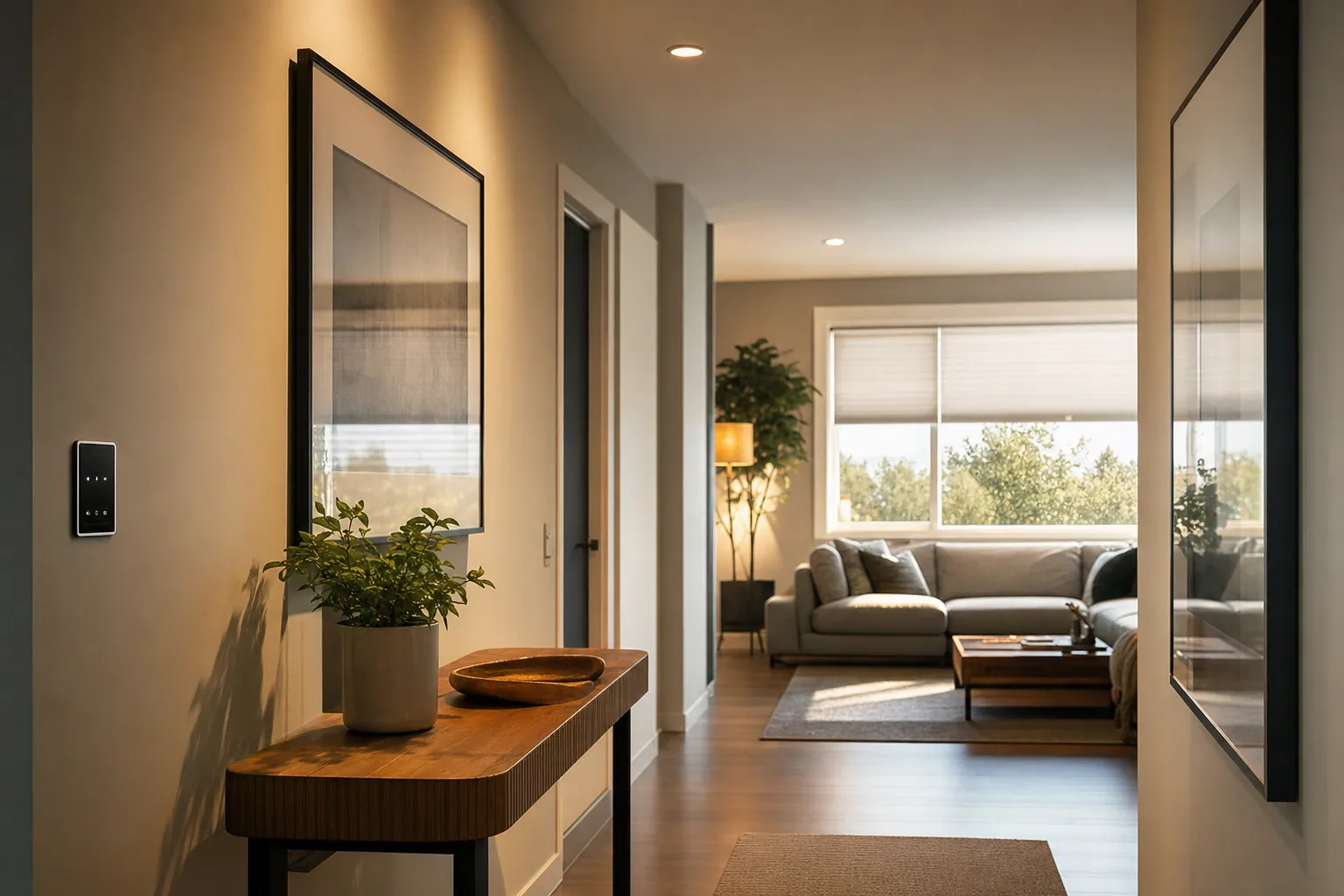 Daylit hallway and living room with automated blinds and efficient warm lighting