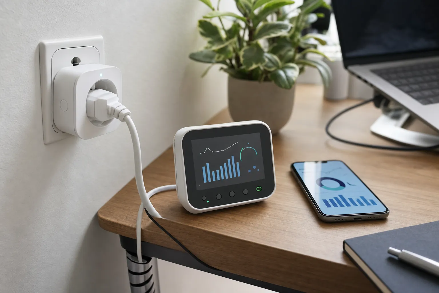 Smart plug and home energy monitor beside a desk setup
