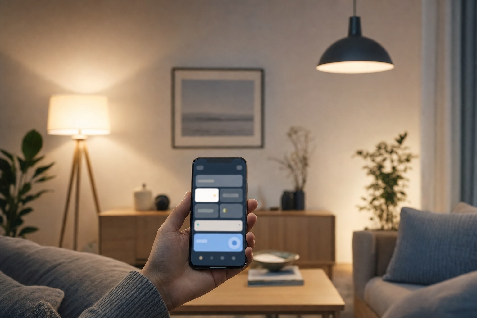 Person holding a phone with a generic home control interface in a softly lit living room