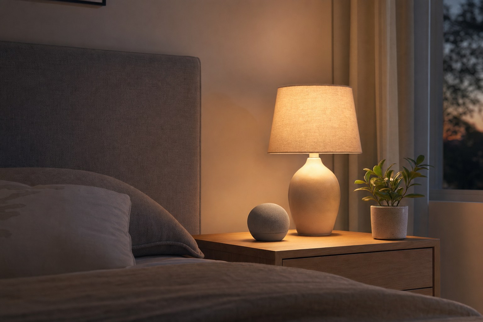 Warm bedside lamp and small generic smart speaker on a bedroom table at dusk