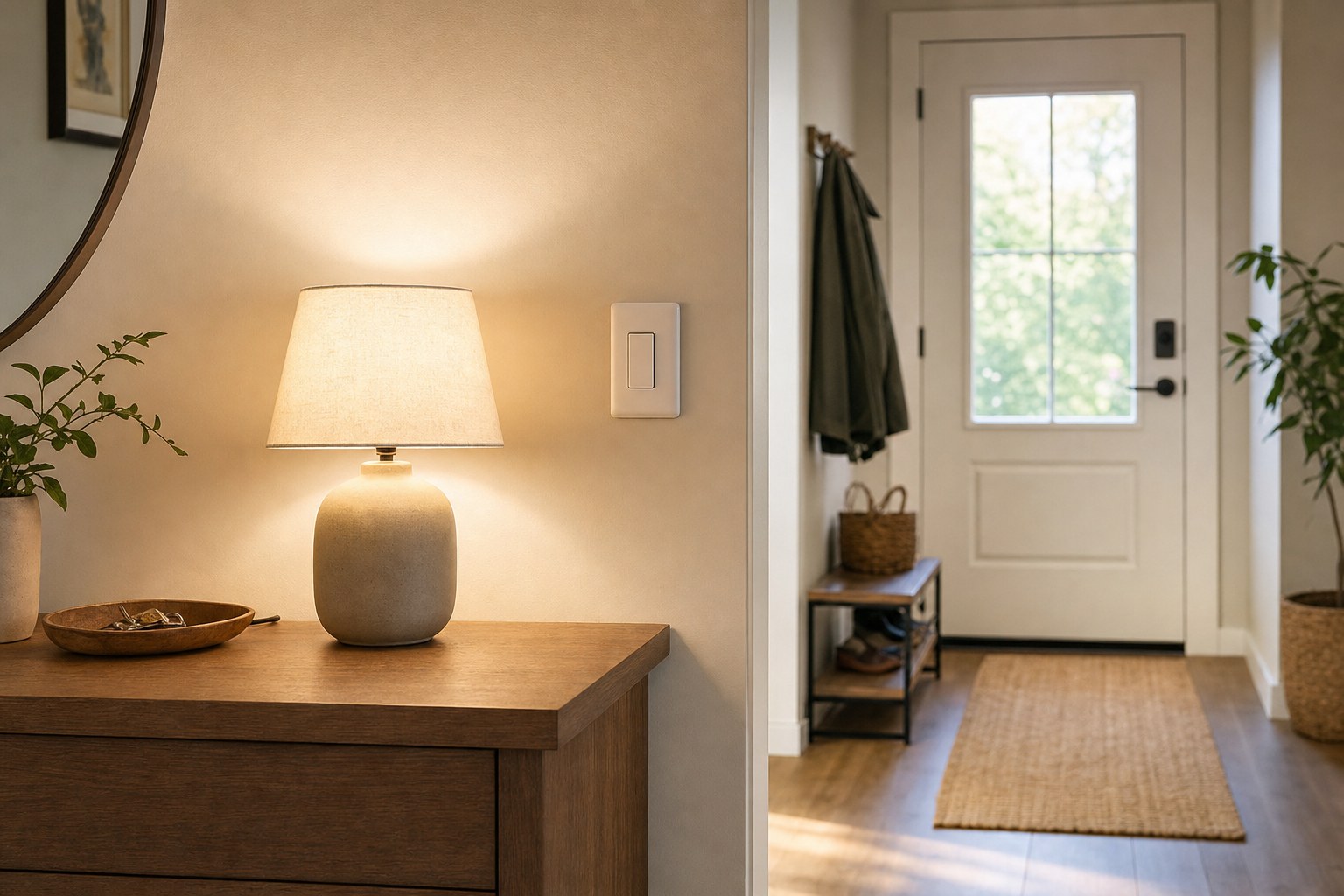 Table lamp switched on beside a wall switch in a bright apartment entryway