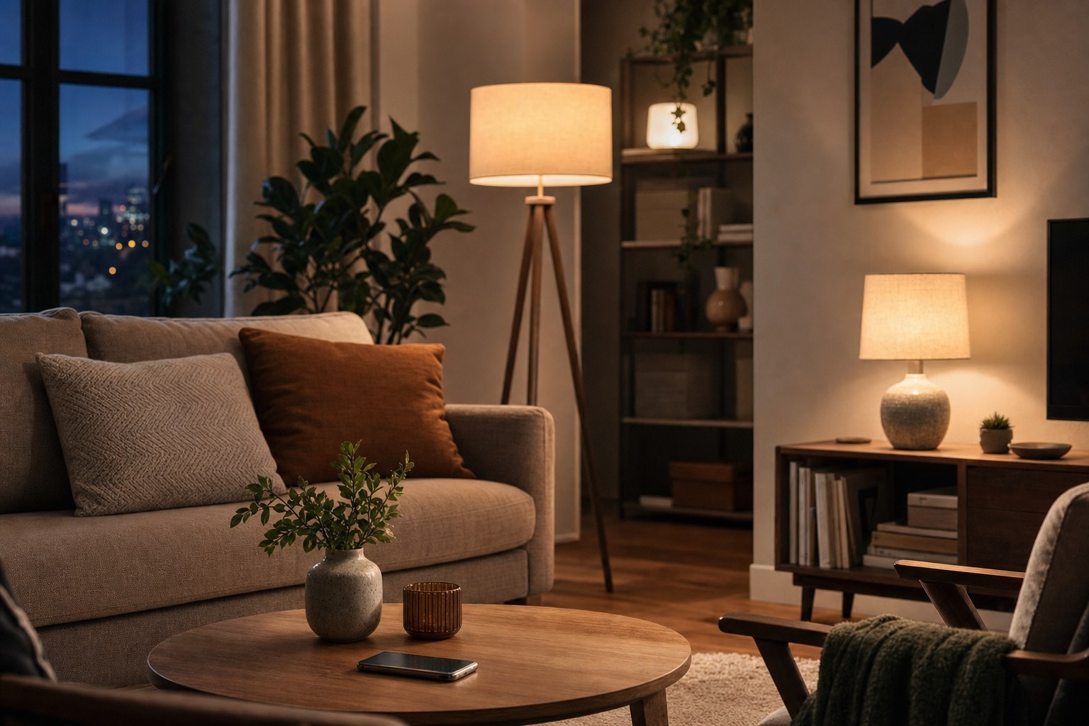 Warm living room lit by connected floor and table lamps at dusk