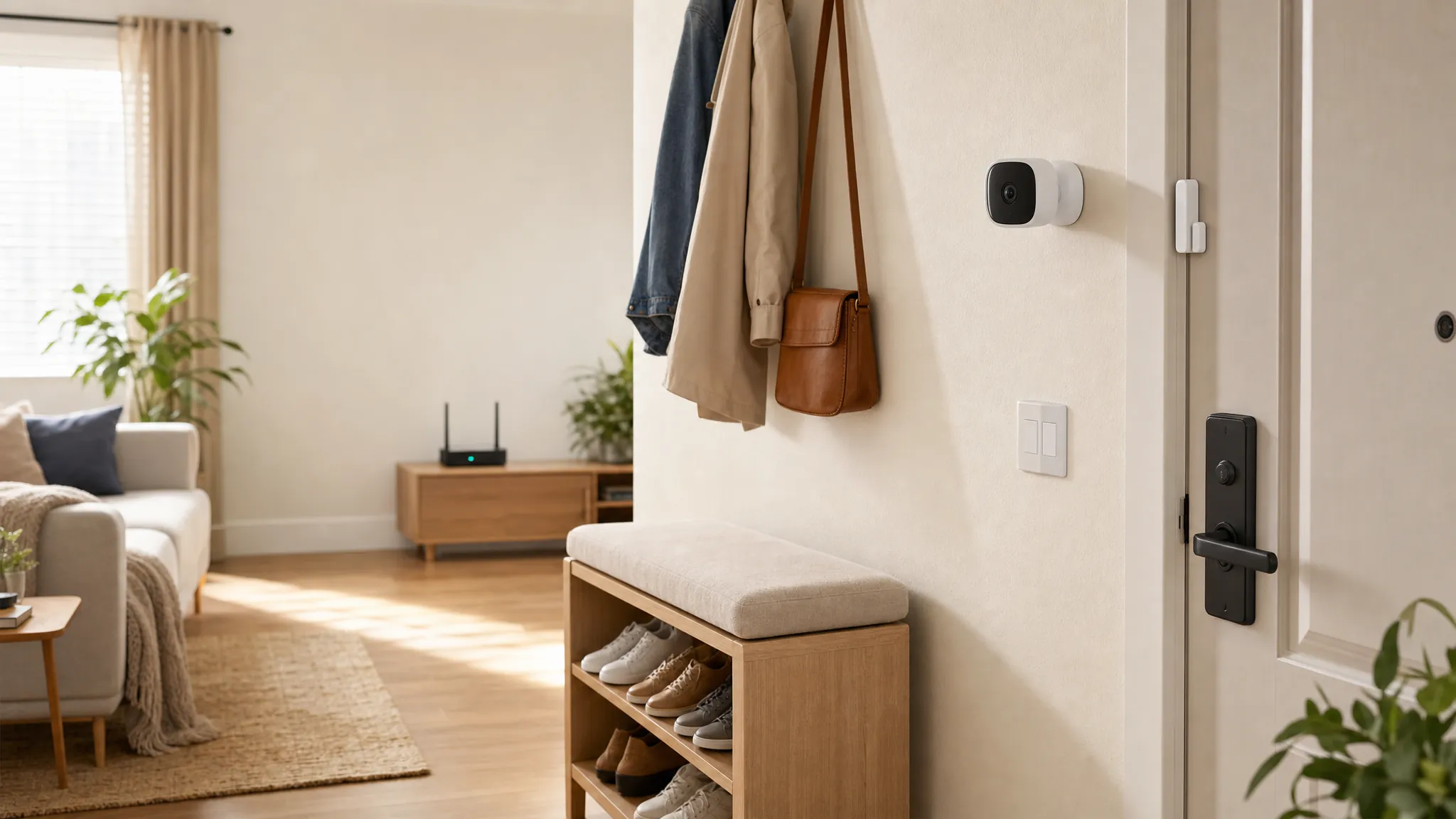 Apartment entry with a removable indoor security camera, contact sensor and smart lock