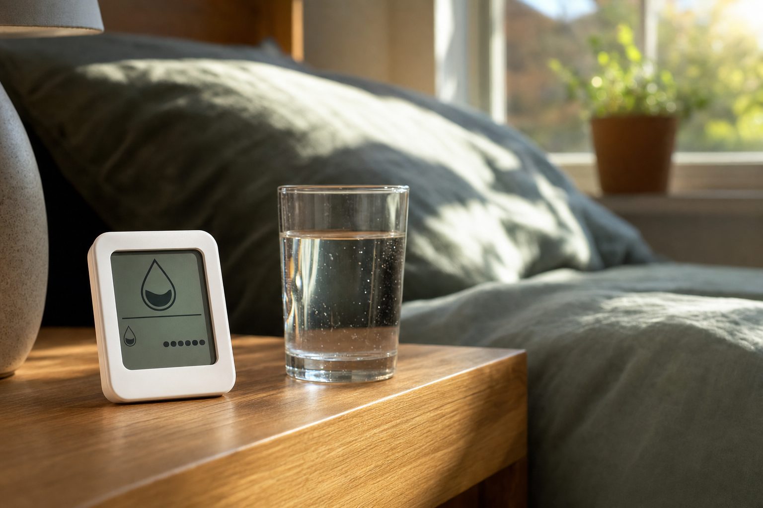 Small home hygrometer on a bedside table beside a glass of water