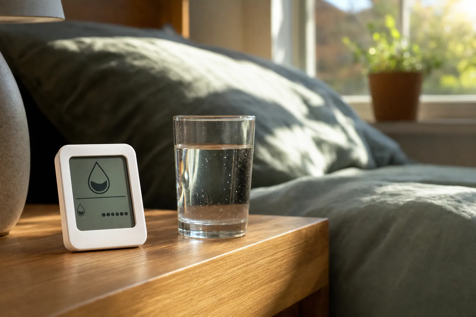A compact home comfort sensor in a bright room