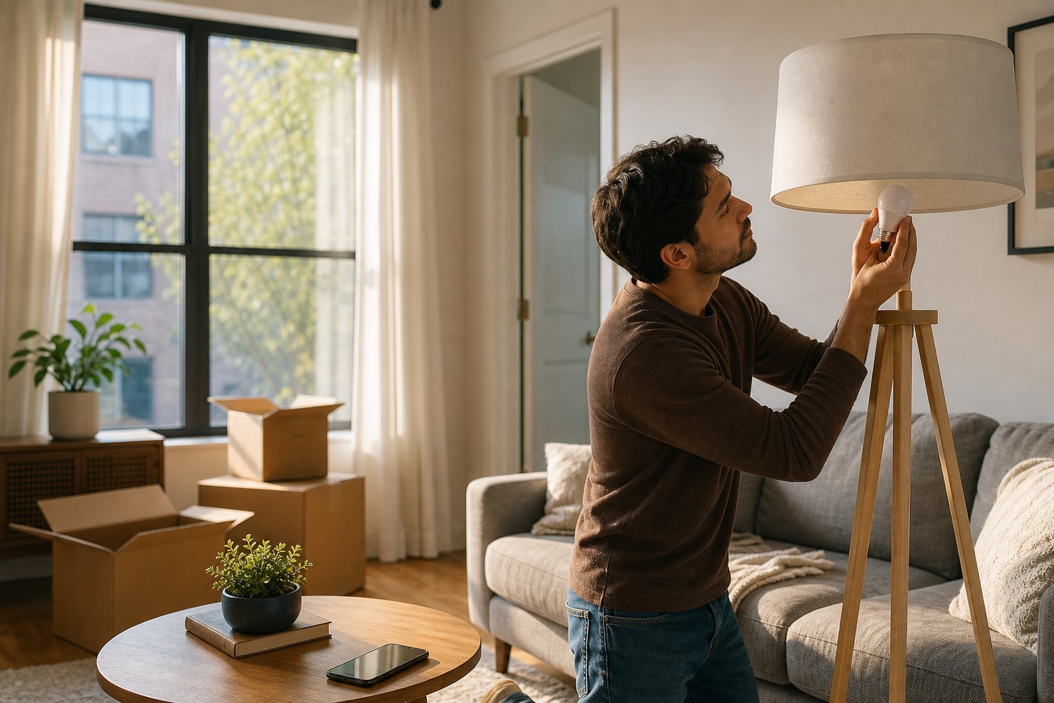 Renter setting up a smart bulb in a floor lamp beside moving boxes