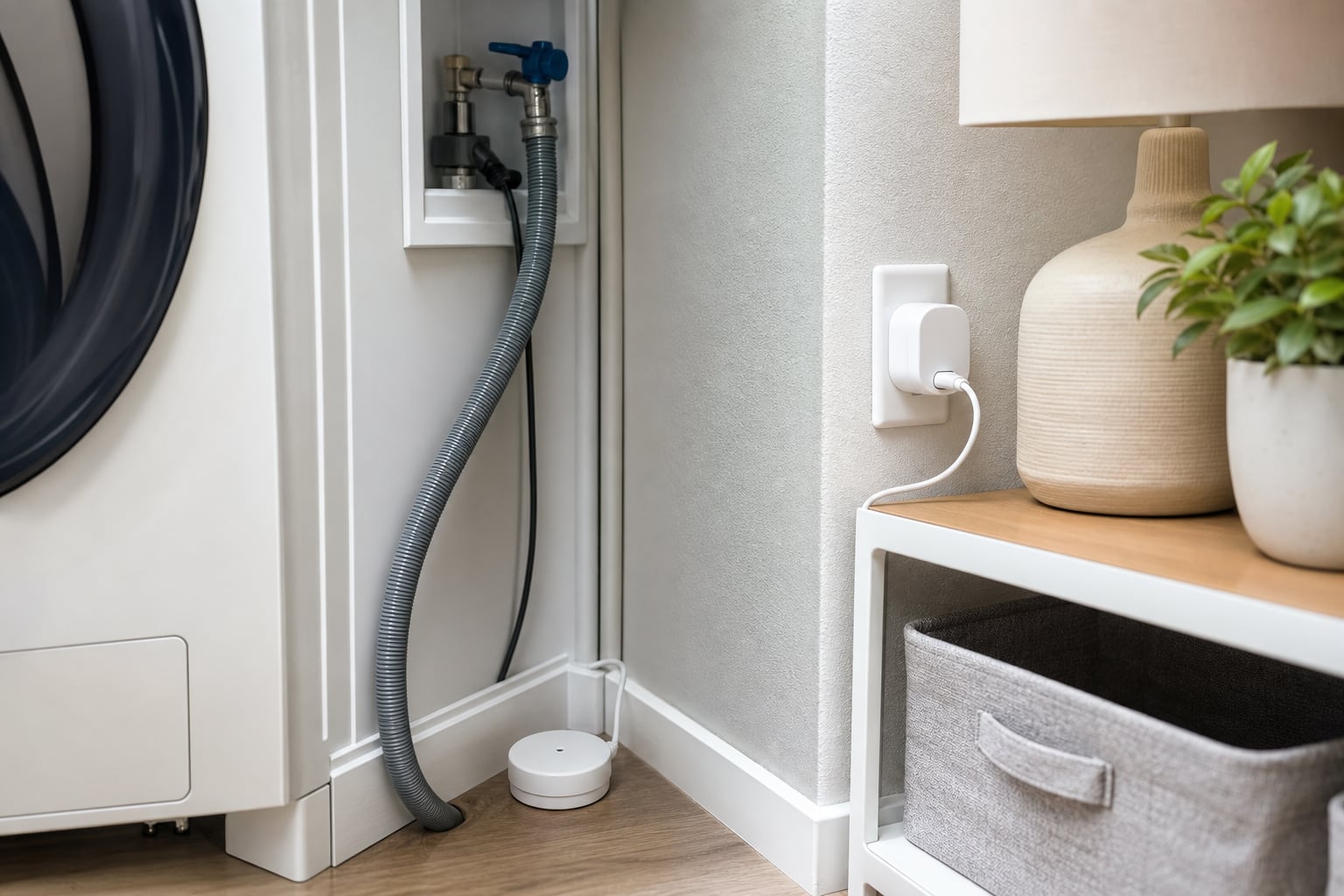 Water leak sensor placed by a washing machine in an apartment laundry area