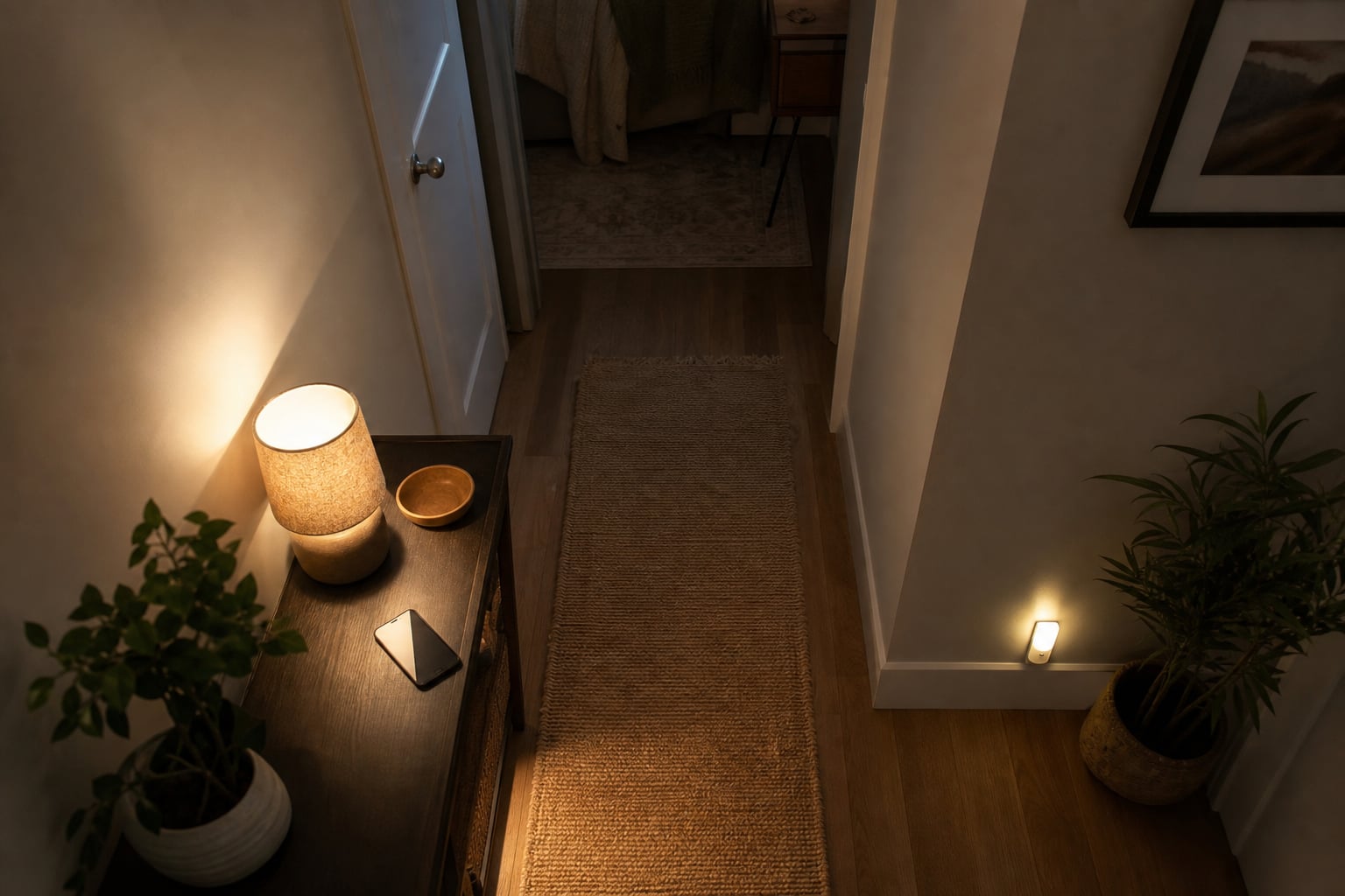 Low motion light and lamp illuminating an apartment hallway at night