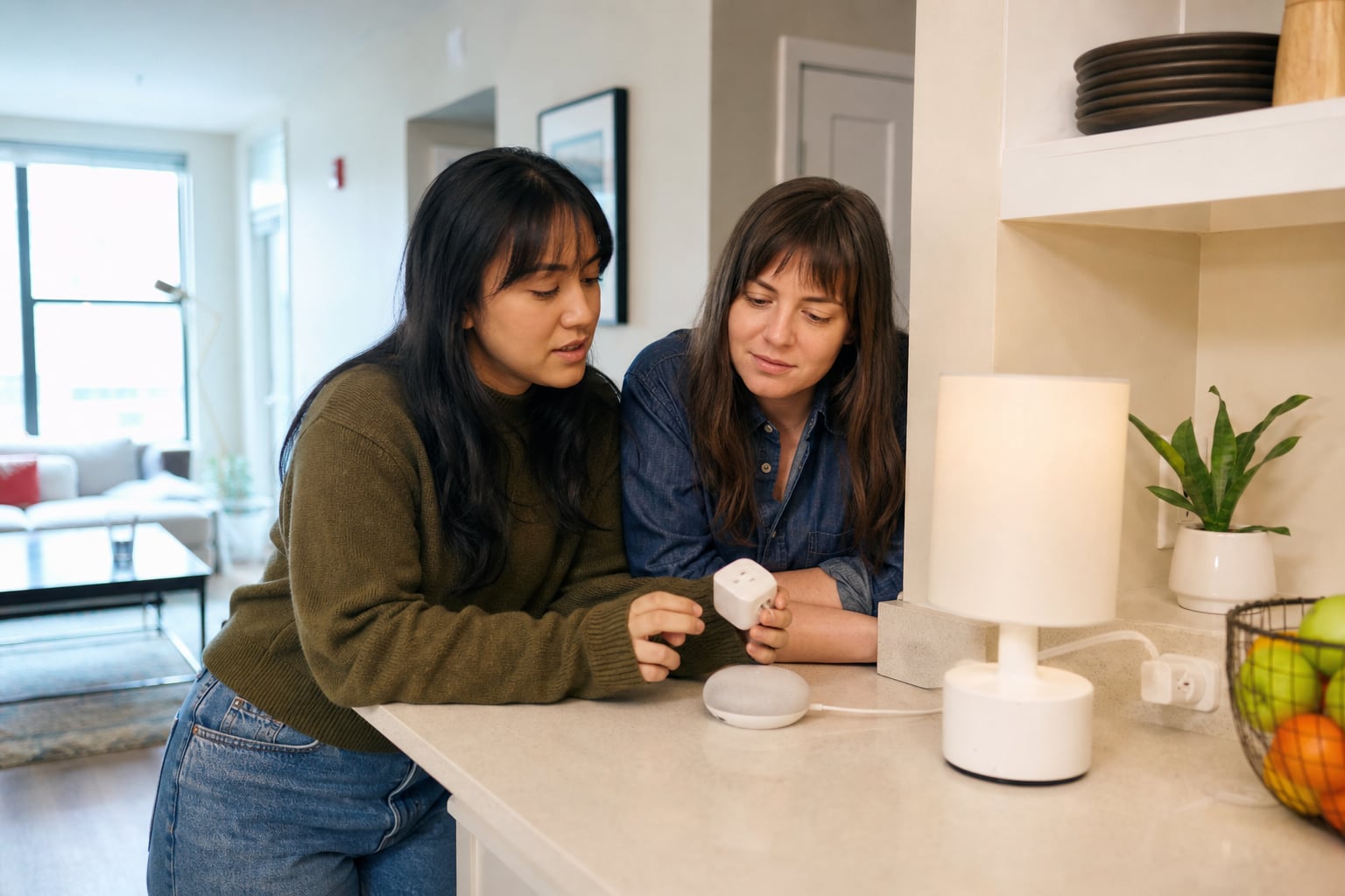 Two roommates setting up a smart plug together at an apartment kitchen counter