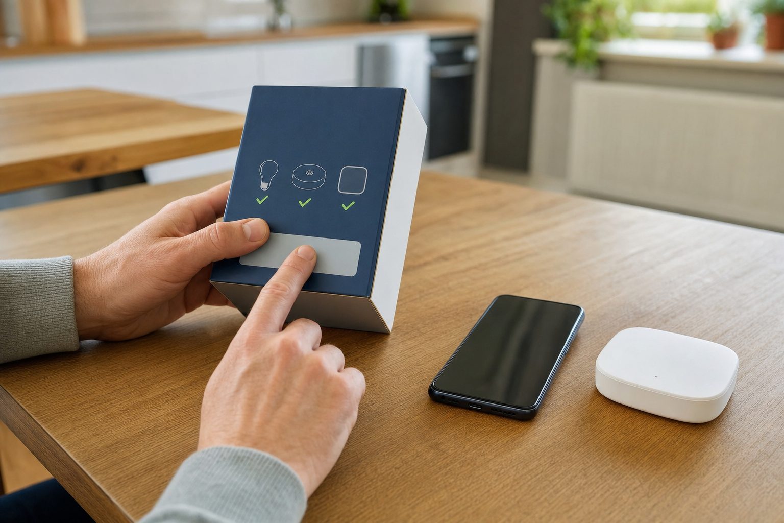 Homeowner checking an unbranded smart-home accessory box beside a phone and hub