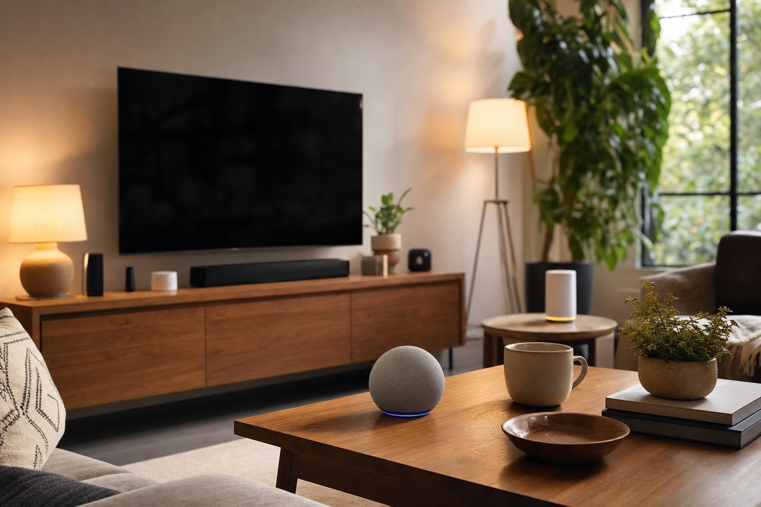 Connected speaker and smart-home devices in a warm living room