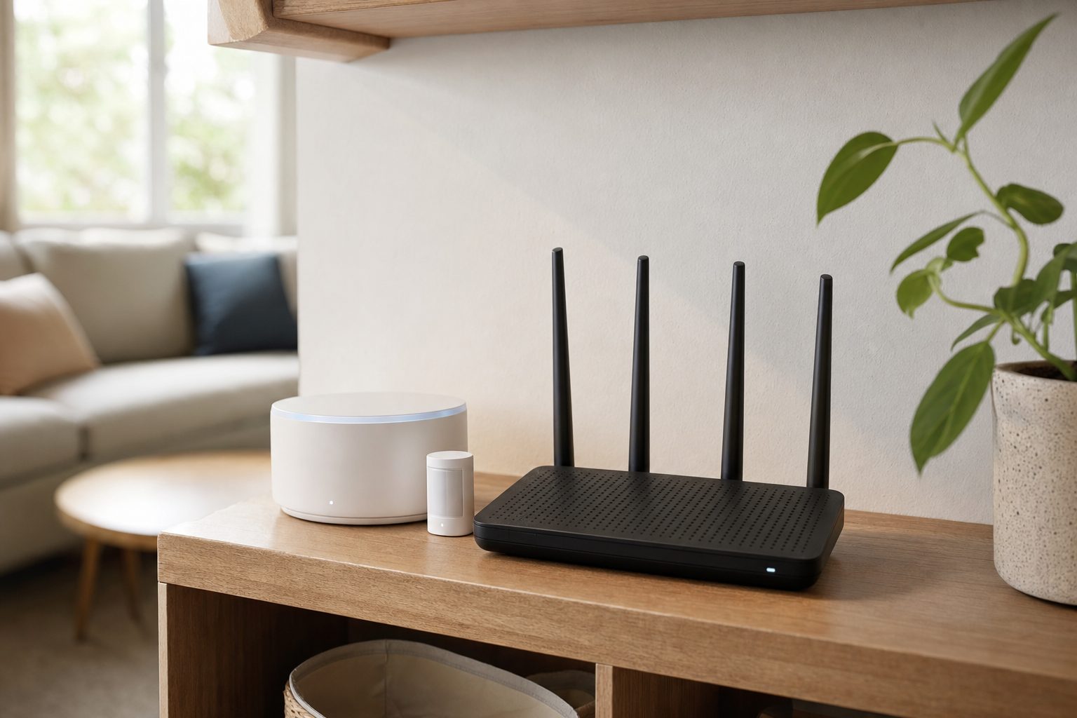 Home Wi-Fi router beside an unbranded smart-home hub and small sensor on a shelf