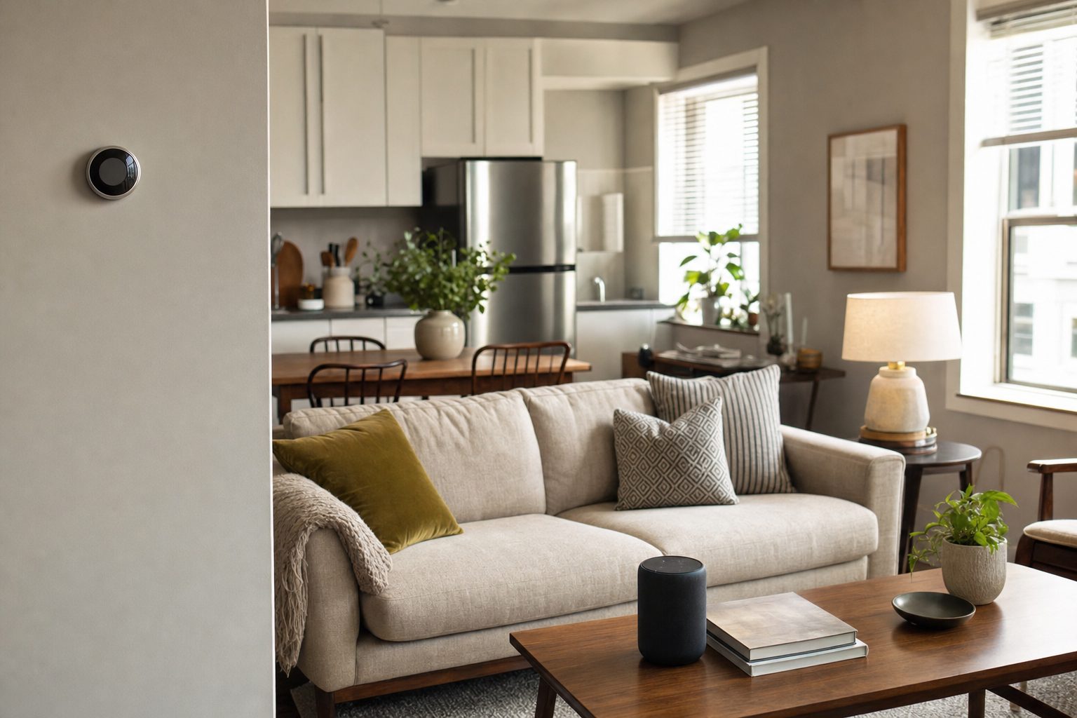 Connected speaker, thermostat, lamp and smart-home devices arranged across a living room