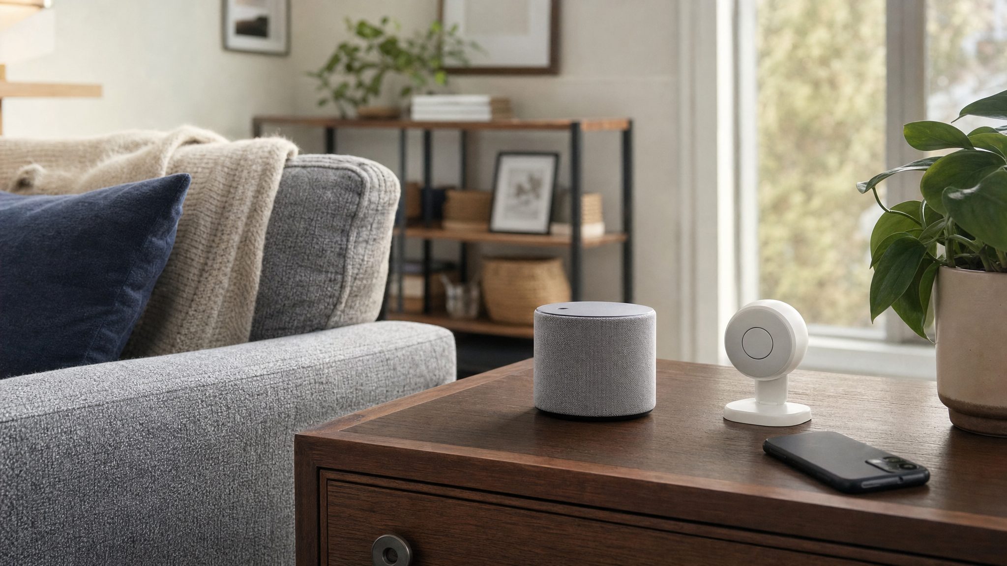 A smart speaker and an indoor camera in a bright living room