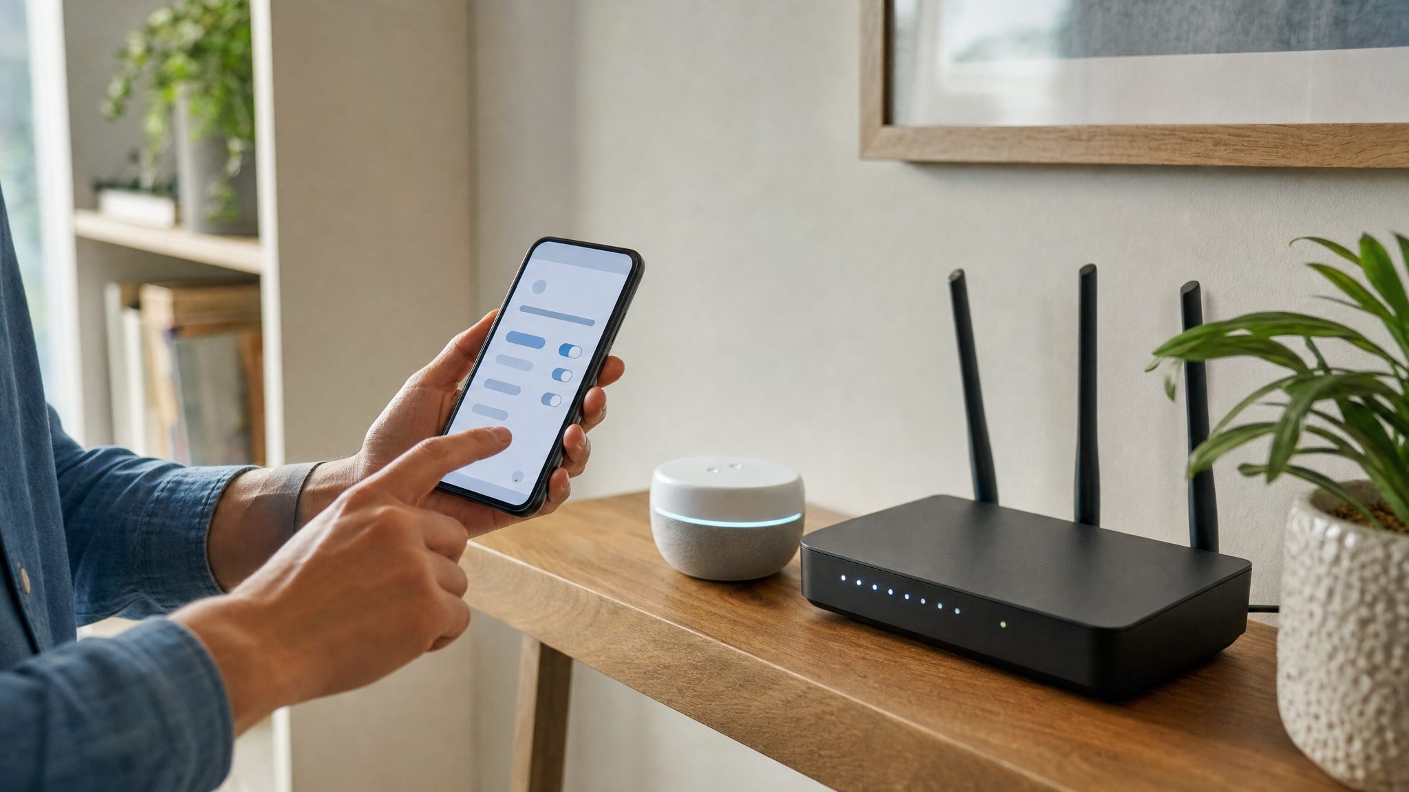 A person reviewing privacy controls on a phone beside a home router