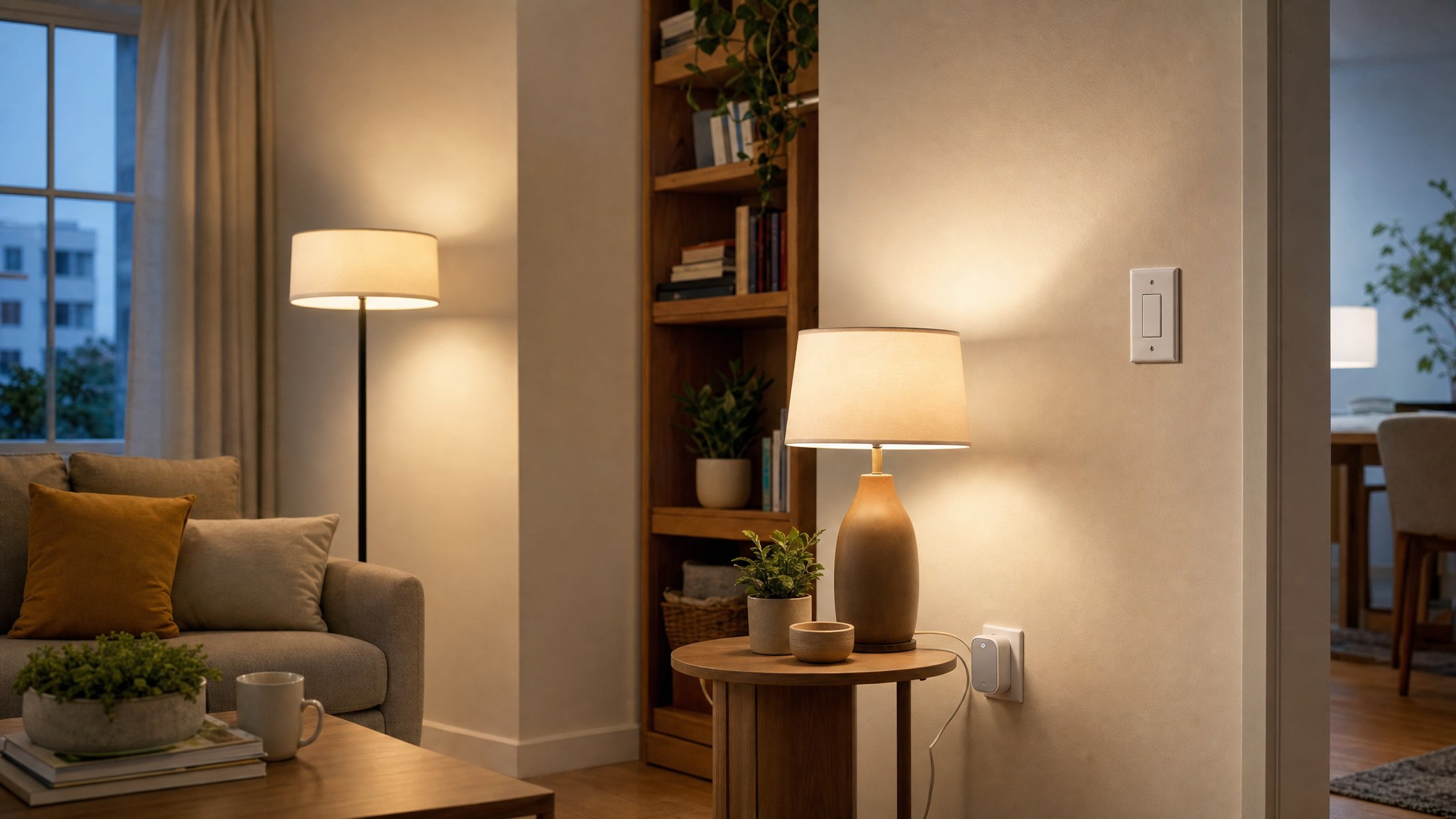 Warm LED floor and table lamps lighting a living room beside a wall switch and plug-in monitor