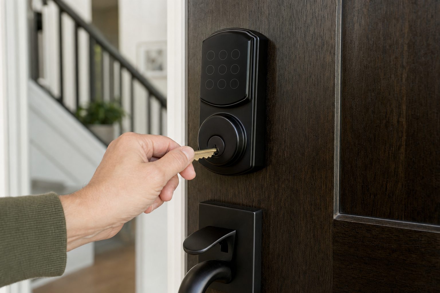 Smart deadbolt with a physical key backup on a front door