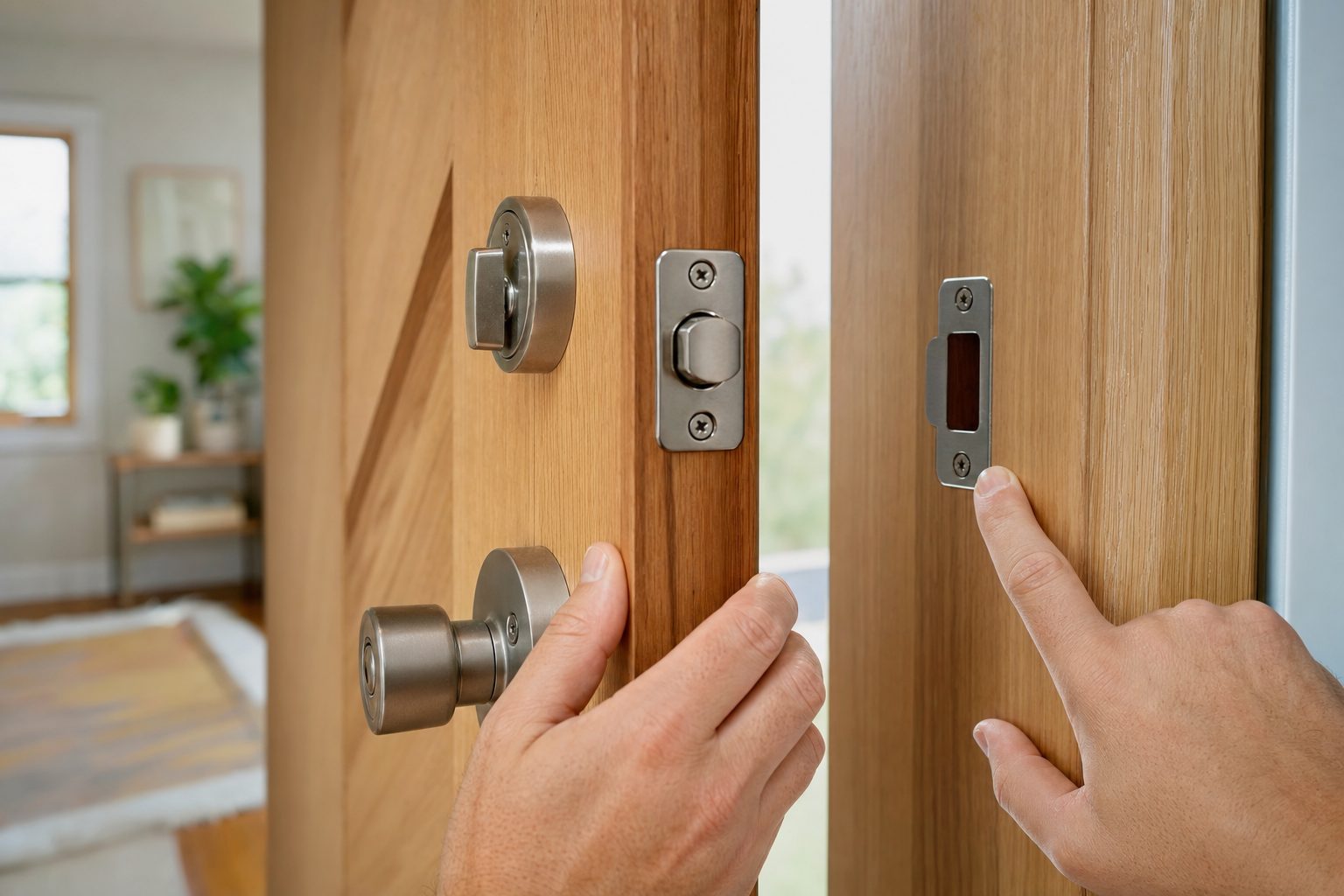 Homeowner checking the fit and alignment of a front door deadbolt