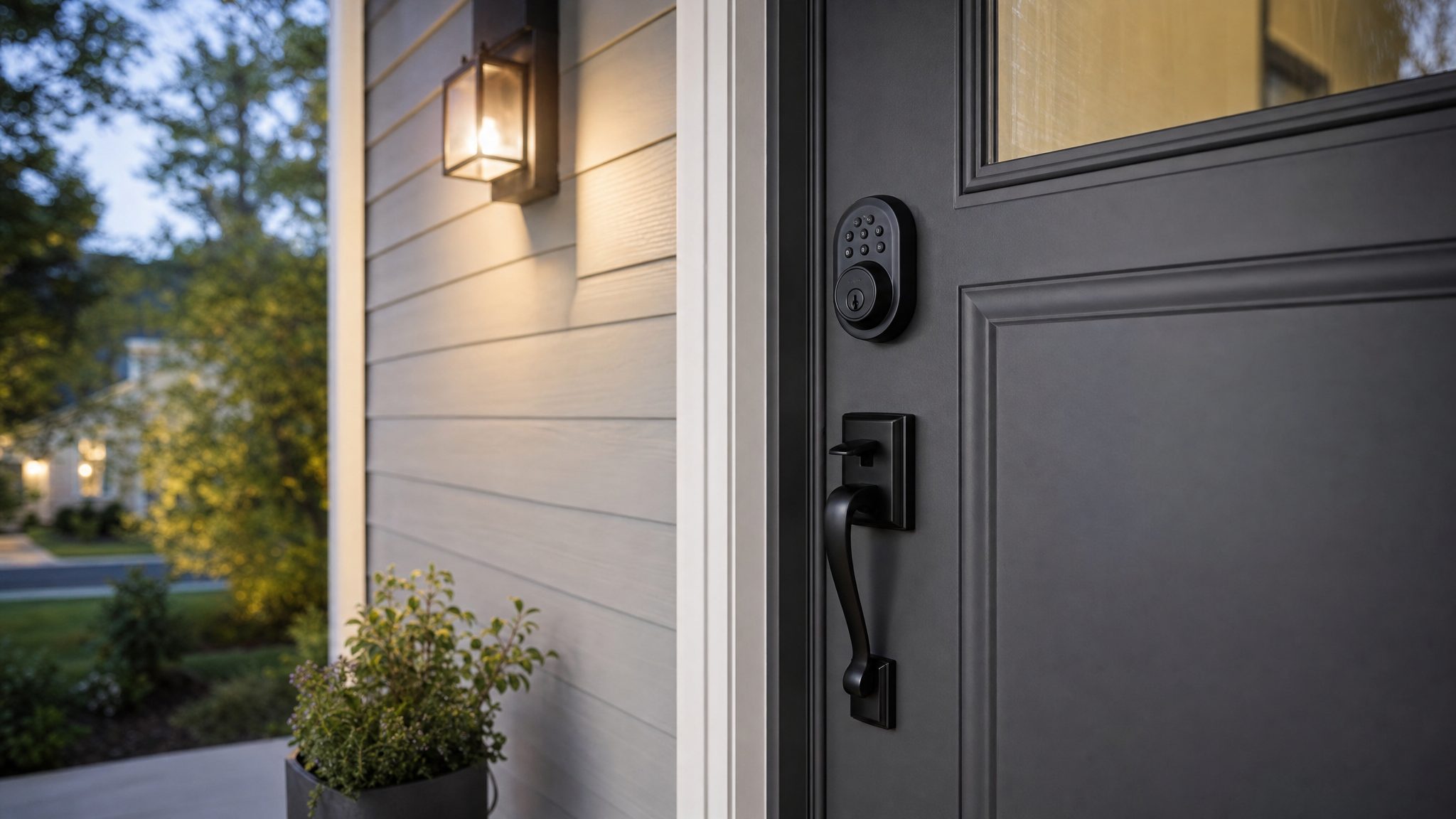 Keypad smart lock installed on a front door at dusk
