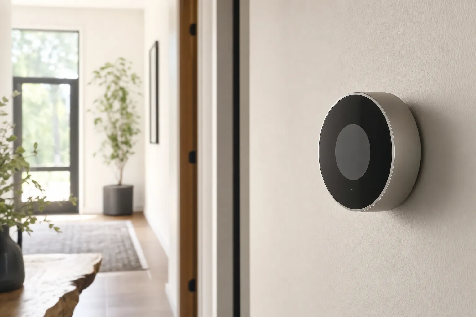 An unbranded smart thermostat installed in a bright home hallway