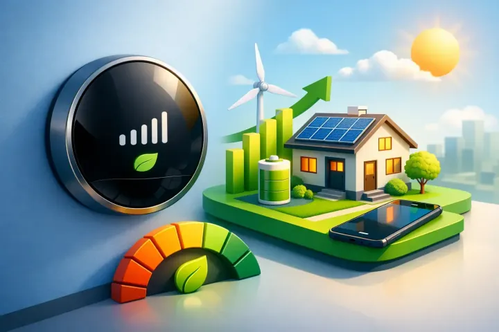 A smart thermostat mounted on a wall
