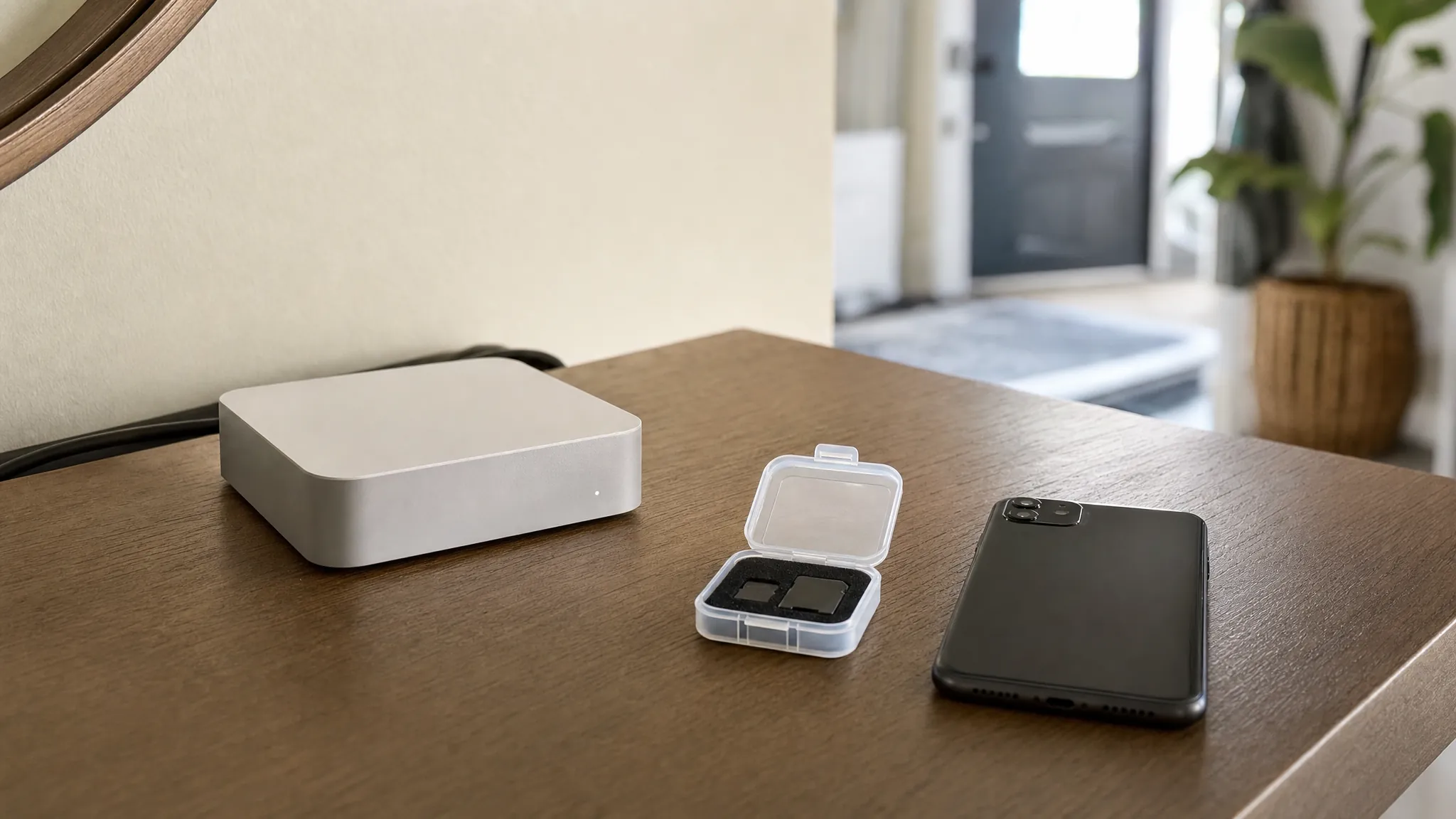 Compact local security camera storage hub and memory cards on a home entry table