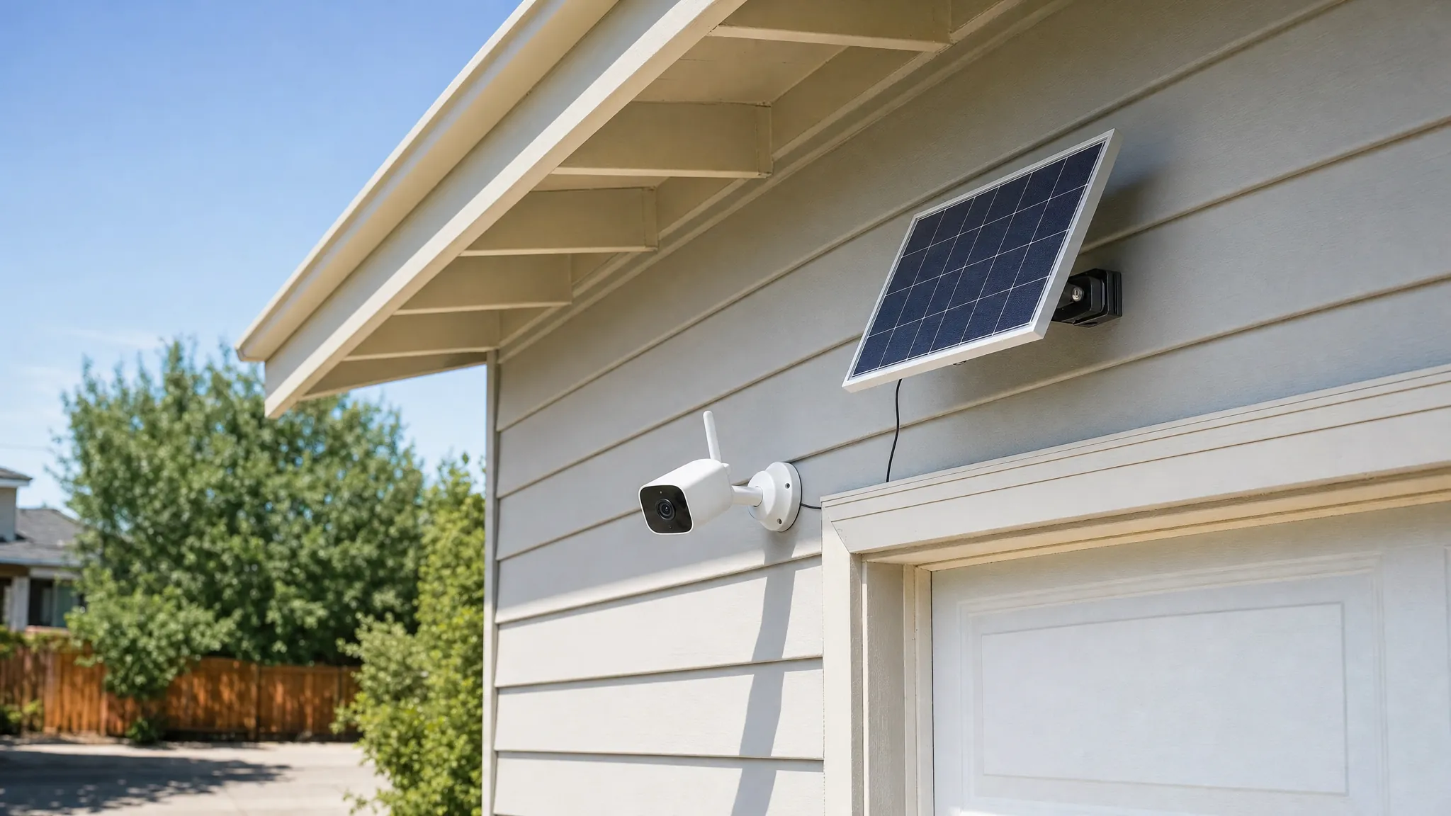 Solar panel and wireless security camera mounted in direct sunlight beside a garage