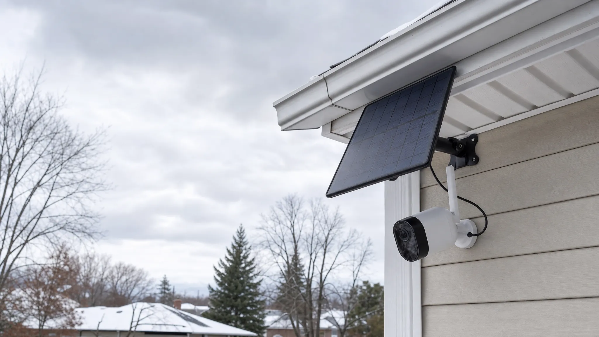 Solar security camera and panel on a home exterior during an overcast winter day
