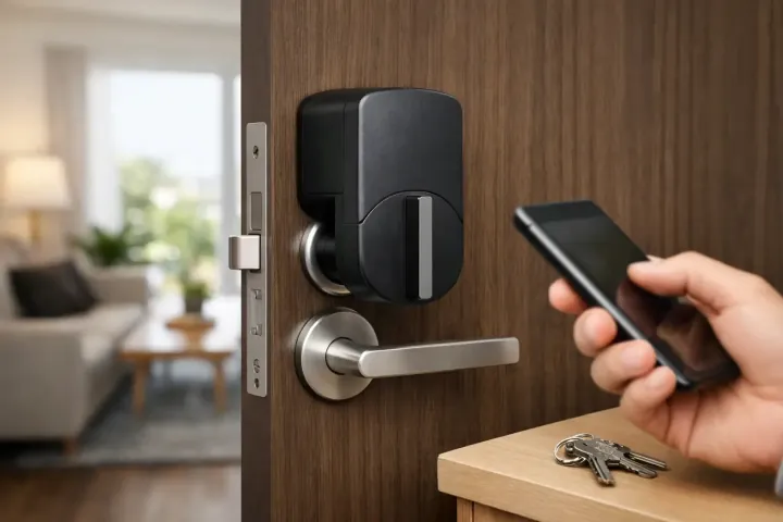 A compact smart lock installed on the inside of an apartment door