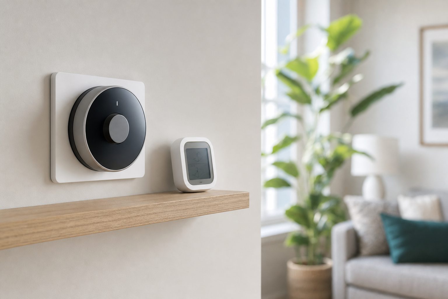 Modern wall thermostat beside a small humidity monitor in a bright apartment living room