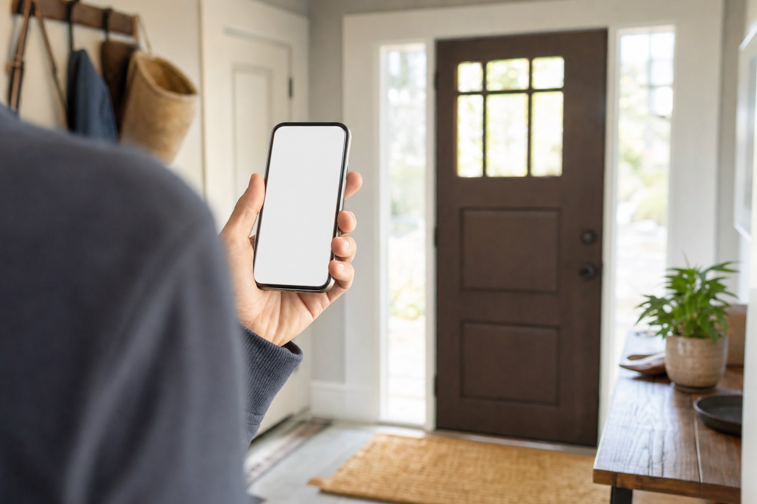 A homeowner checking a doorbell alert from inside an entryway