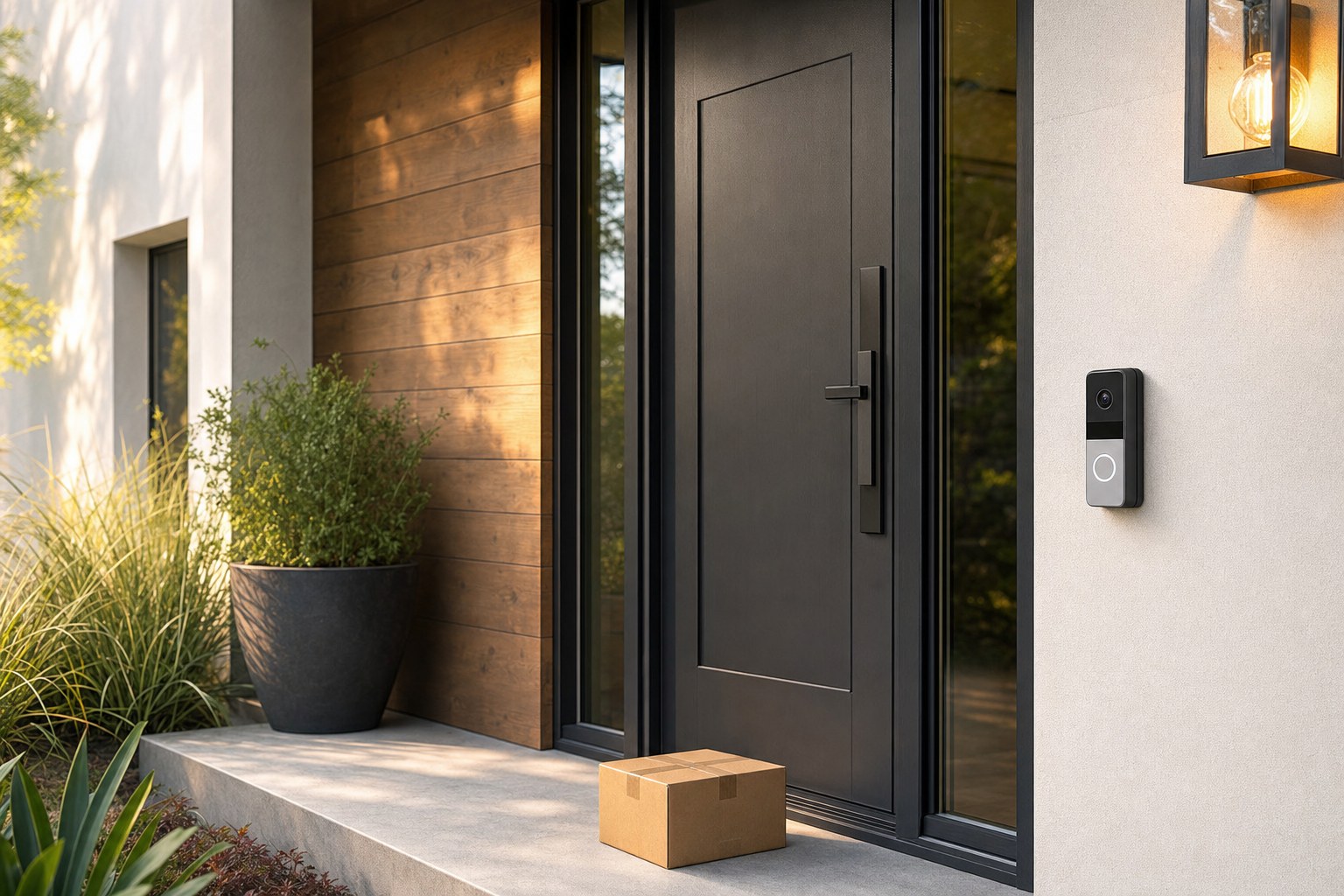 A video doorbell beside a home front door