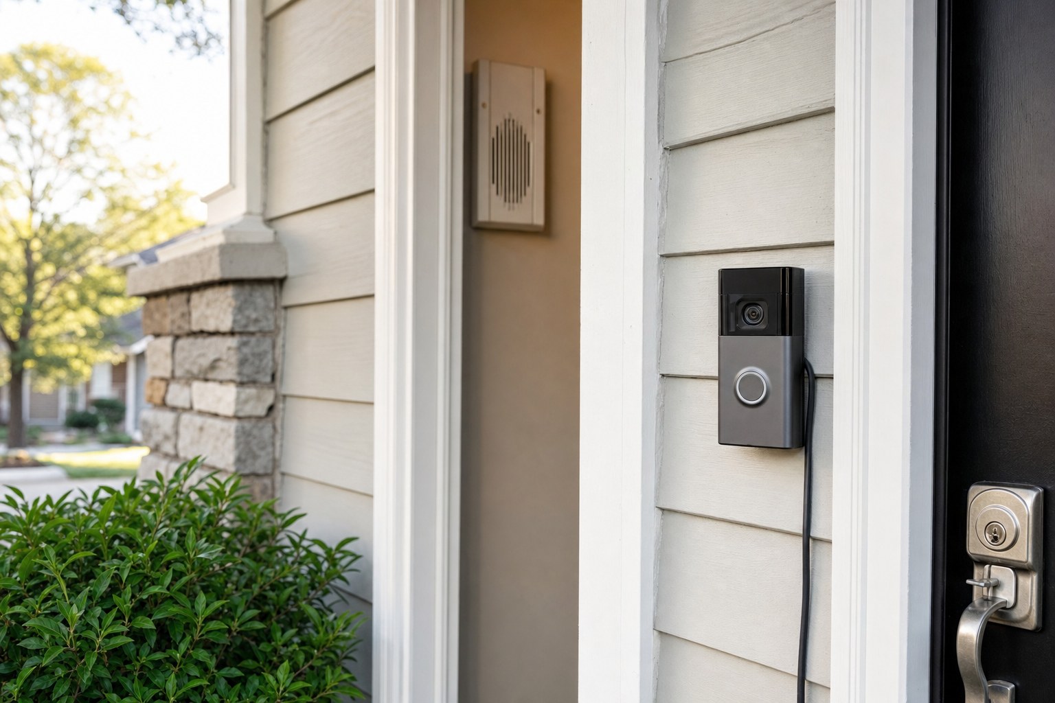 Video doorbell at a front entry with a wired doorbell chime