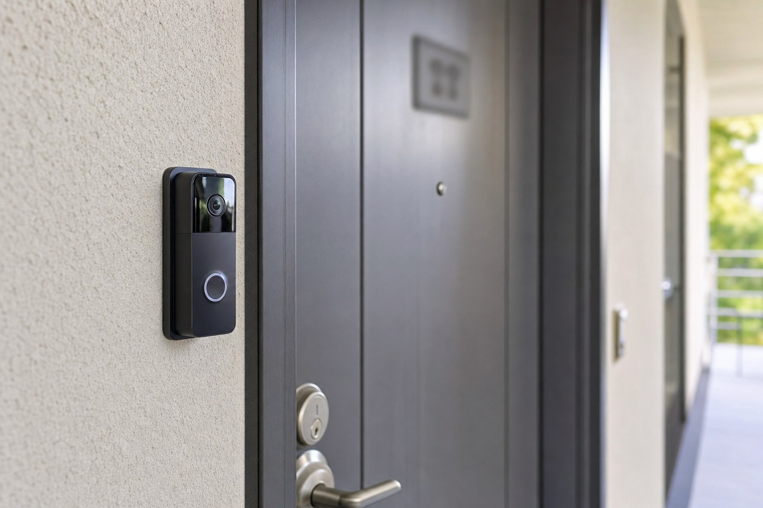 A compact video doorbell installed beside an apartment entry