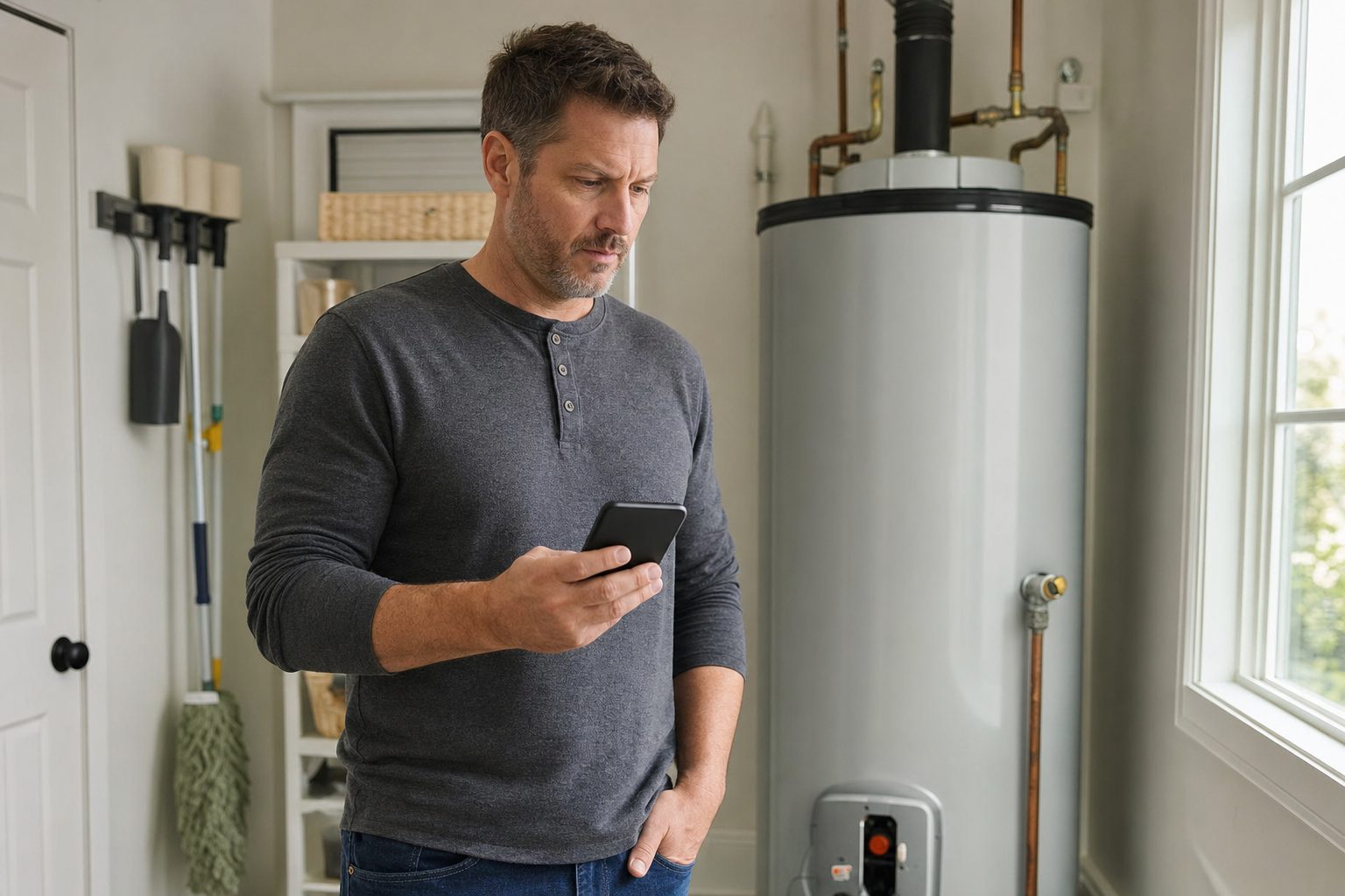 Homeowner checking a water alert near a residential water heater