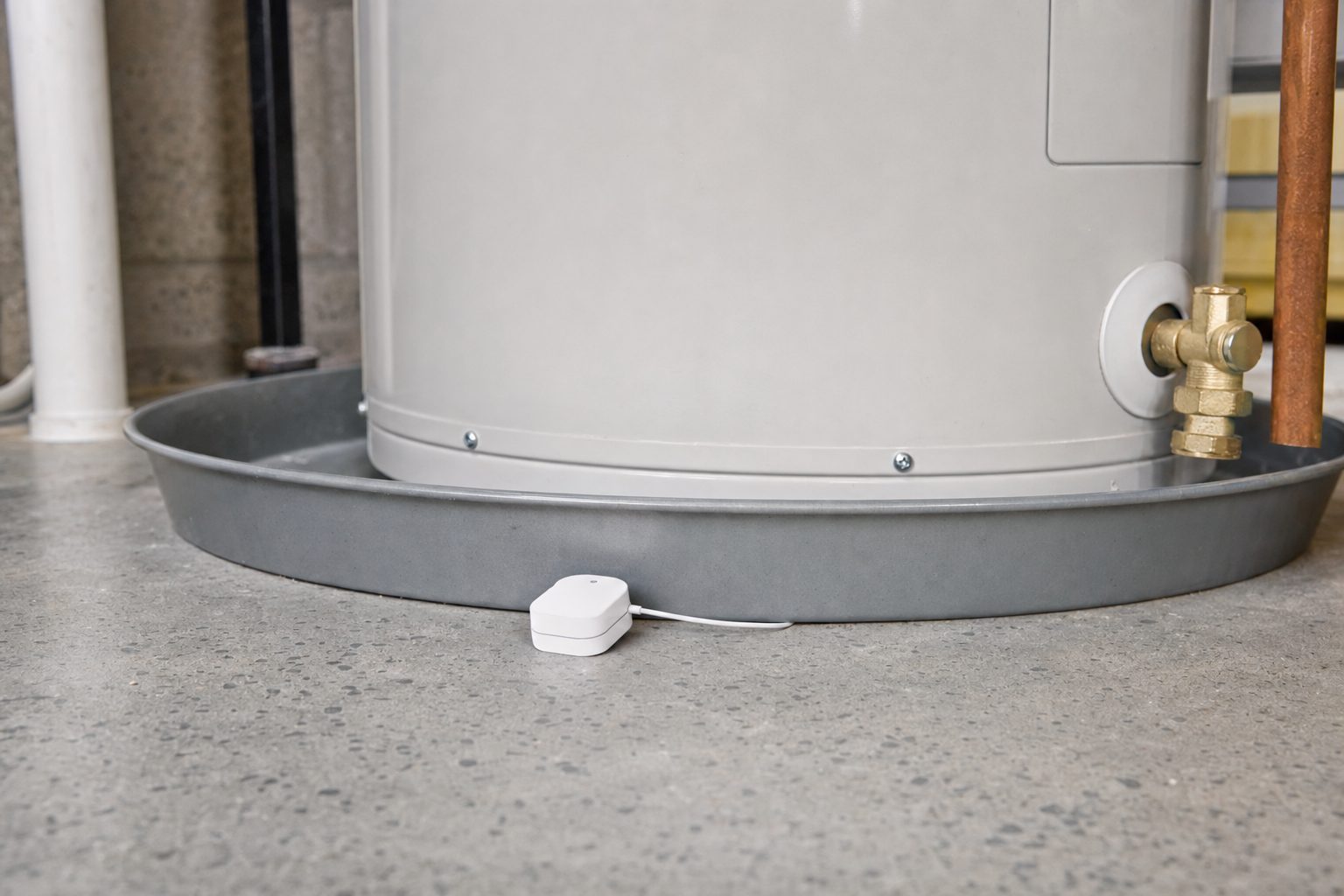 Water leak sensor on the floor just outside a water heater drain pan