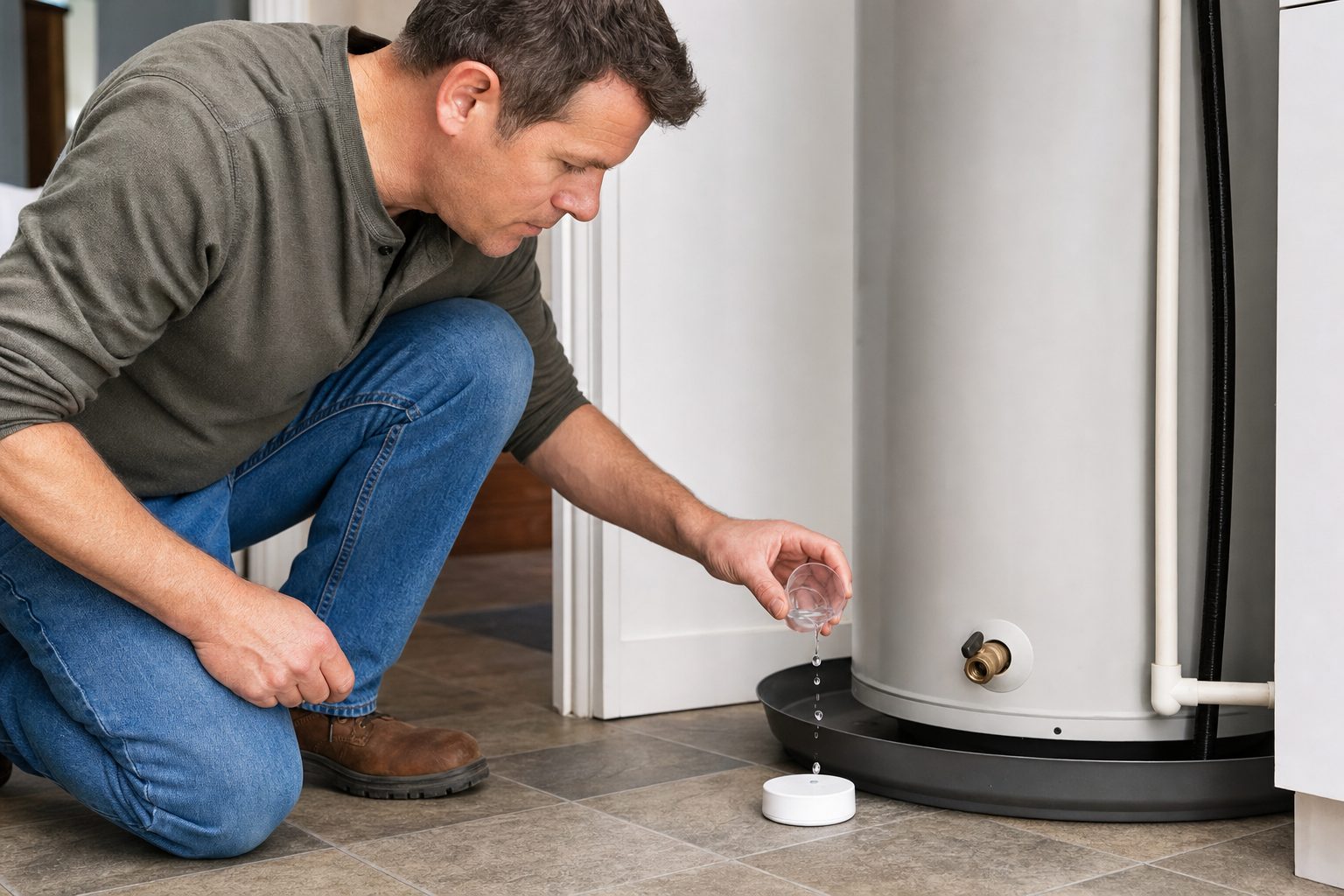Homeowner testing a water leak sensor beside a water heater with a few drops of water