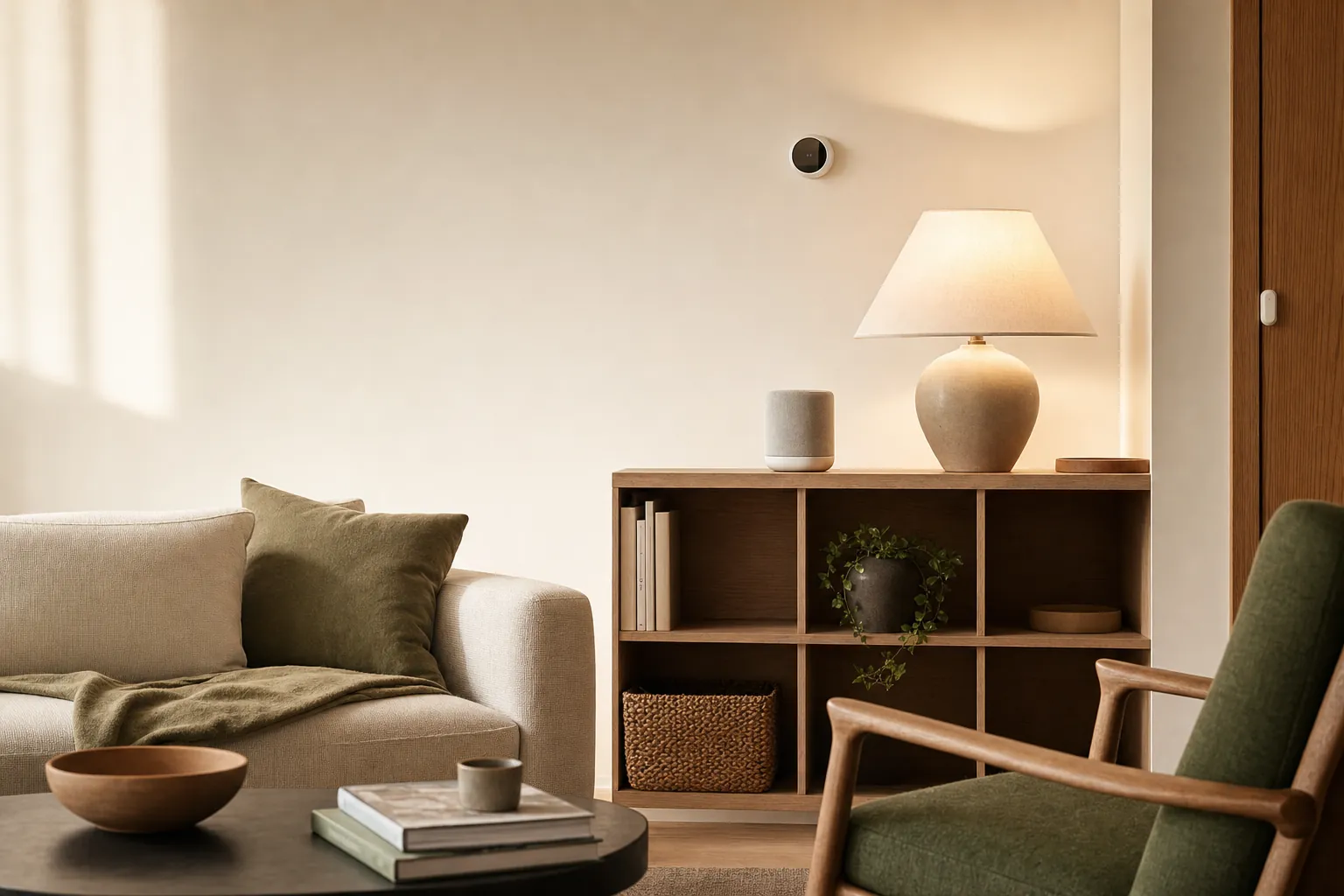 Smart-home devices arranged in a modern living space