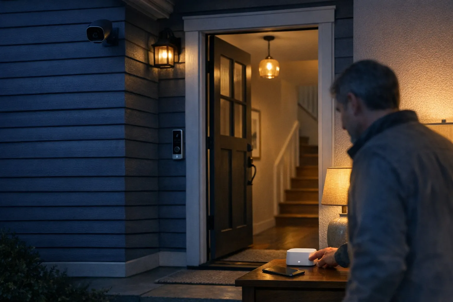 A home entry with a security camera, video doorbell and local security hub at dusk