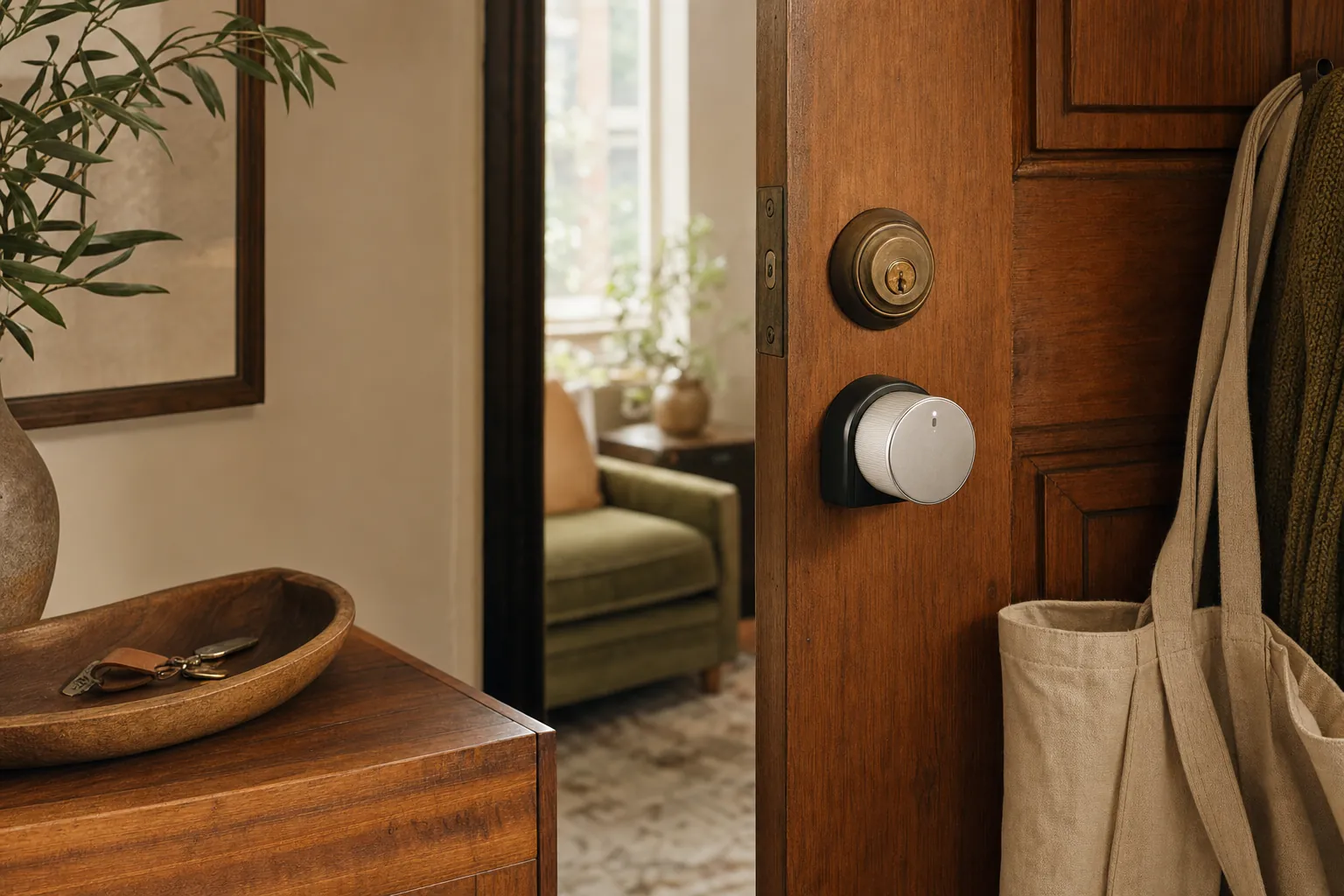 Renter-friendly smart lock installed inside an apartment entry