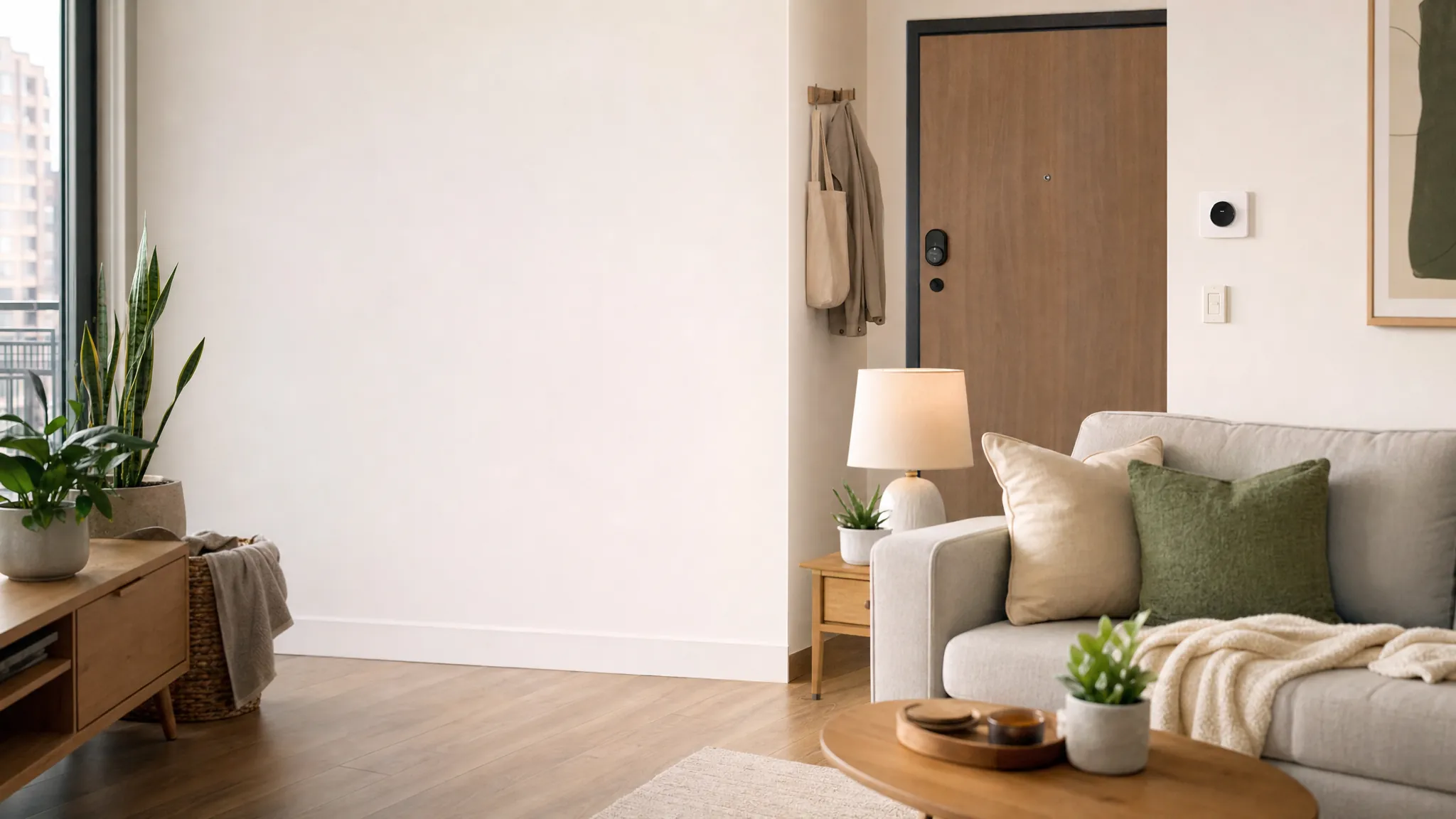 Bright apartment entry with a smart thermostat and an interior smart lock