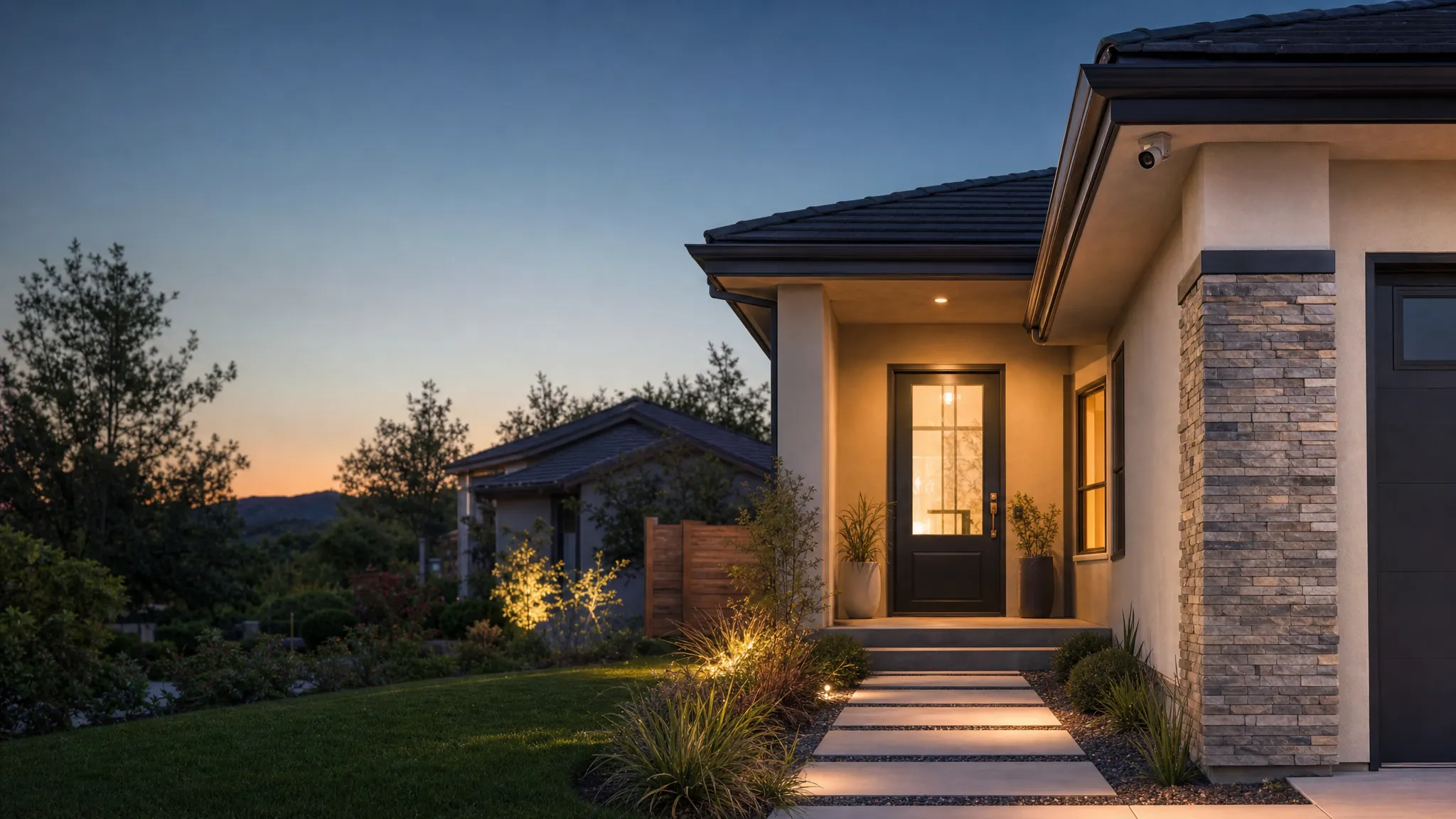 Home exterior with a small security camera near the front entry