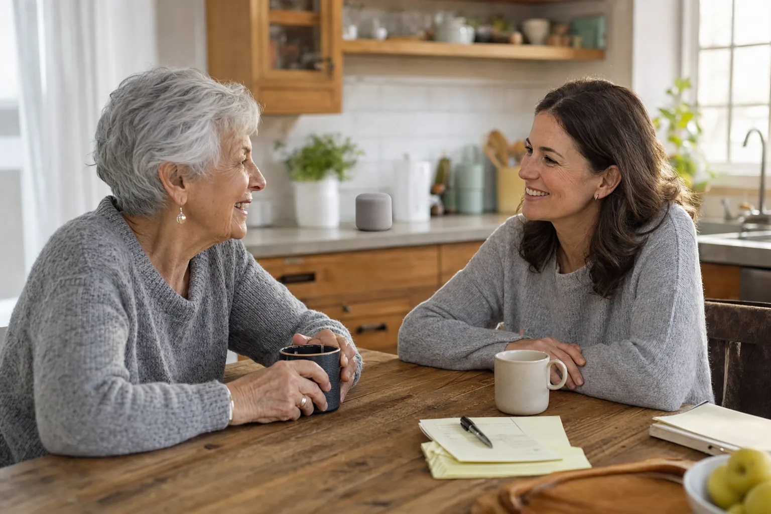 An older adult and family member planning a simple smart-home setup