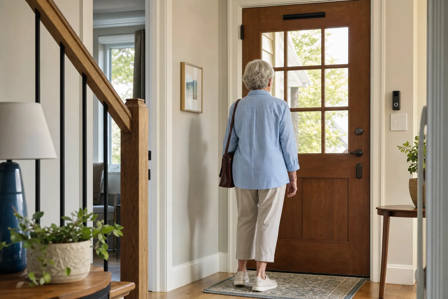 An older adult standing at a bright home entryway with a video doorbell nearby