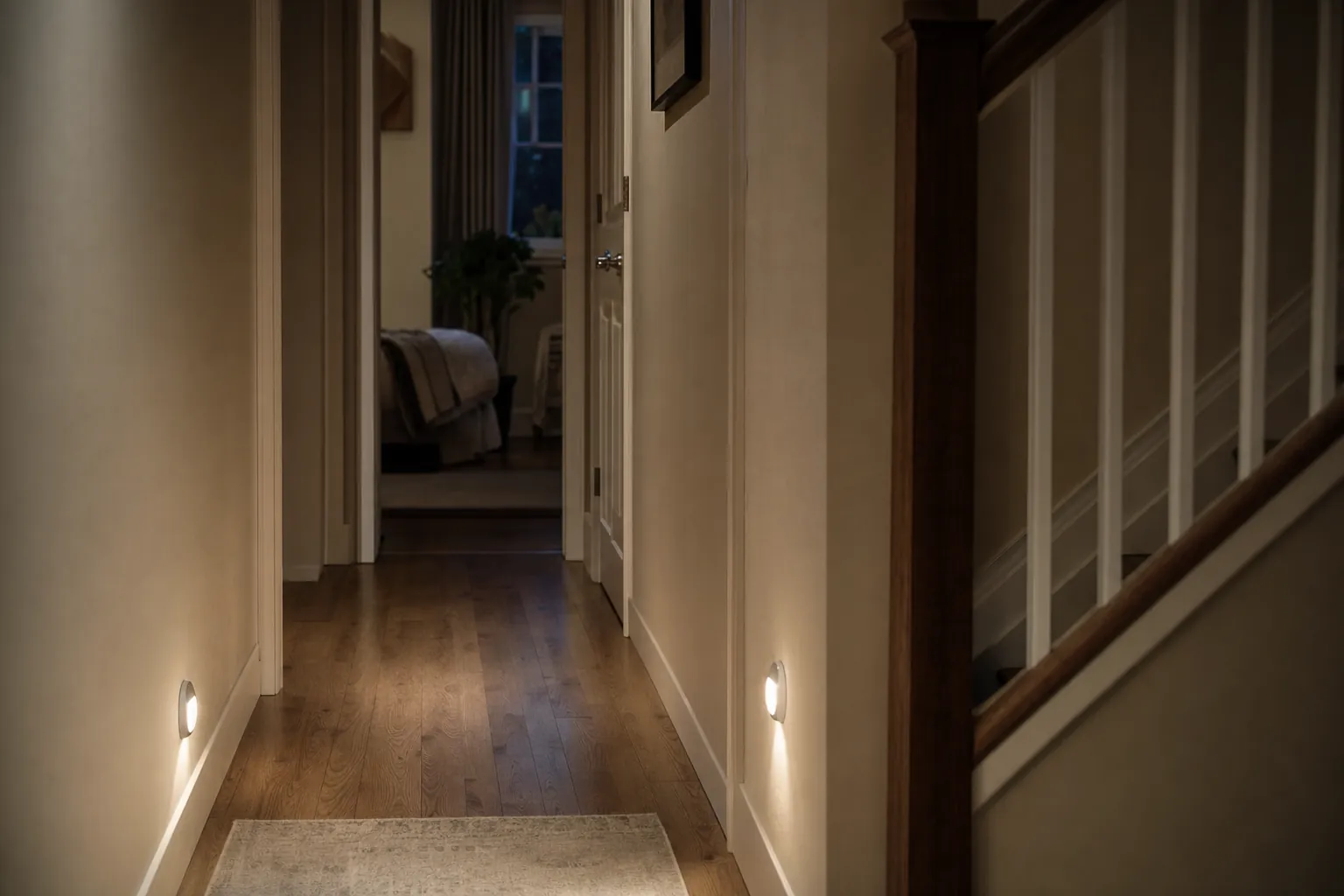 Motion-sensor night lights illuminating a clear hallway path