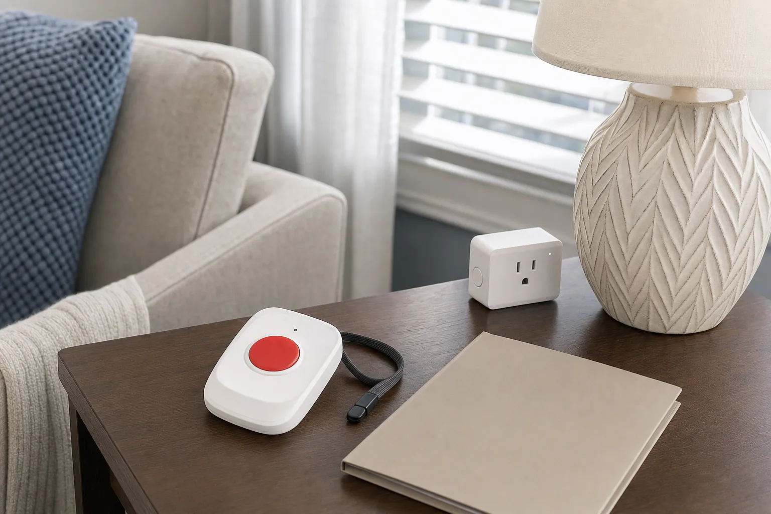 A large-button home emergency call device beside a lamp and smart plug
