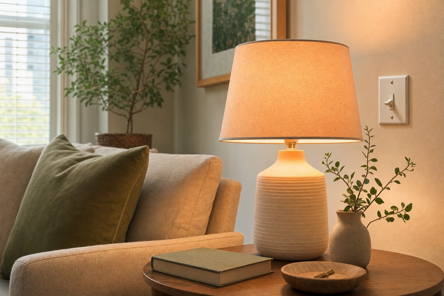 Warm table lamp beside a sofa with an ordinary wall switch nearby