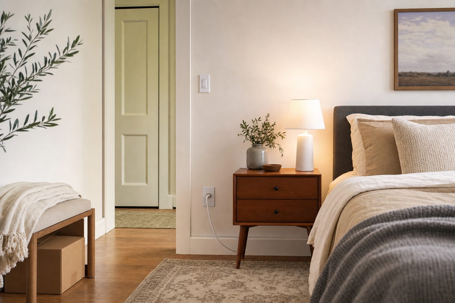 Renter-friendly bedroom with a plug-in bedside lamp and a moving box